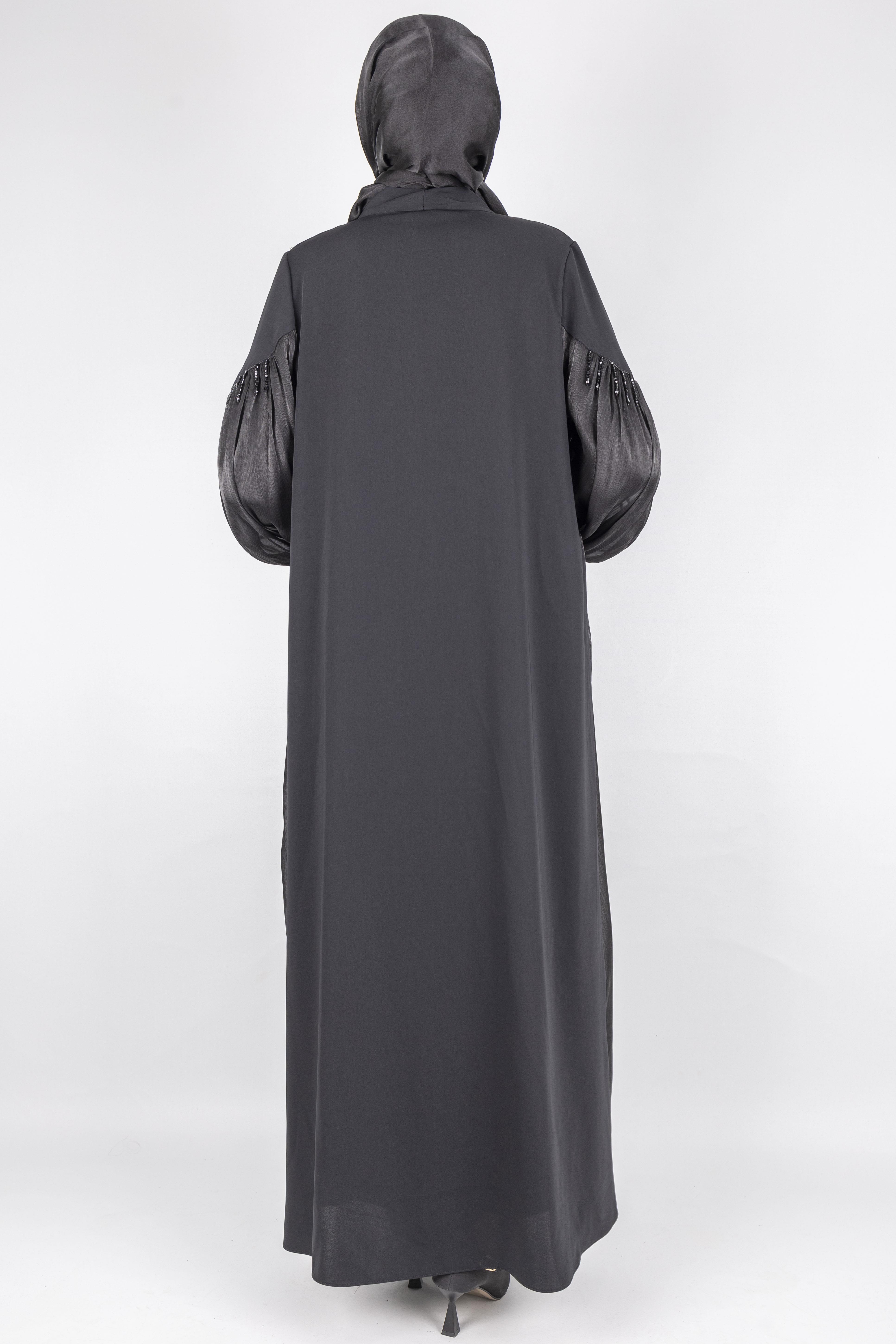 Orhan Store Omuz Detaylı Şifon Kollu Abaya Takım Siyah OTW2593