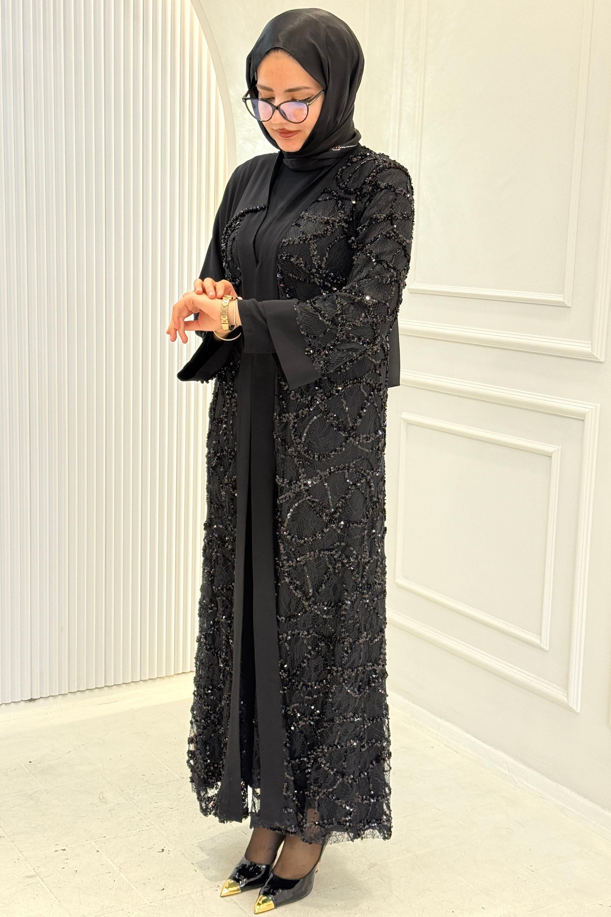 Orhan Store Payetli Dantel Detaylı Abaya Takım Siyah OTW2891