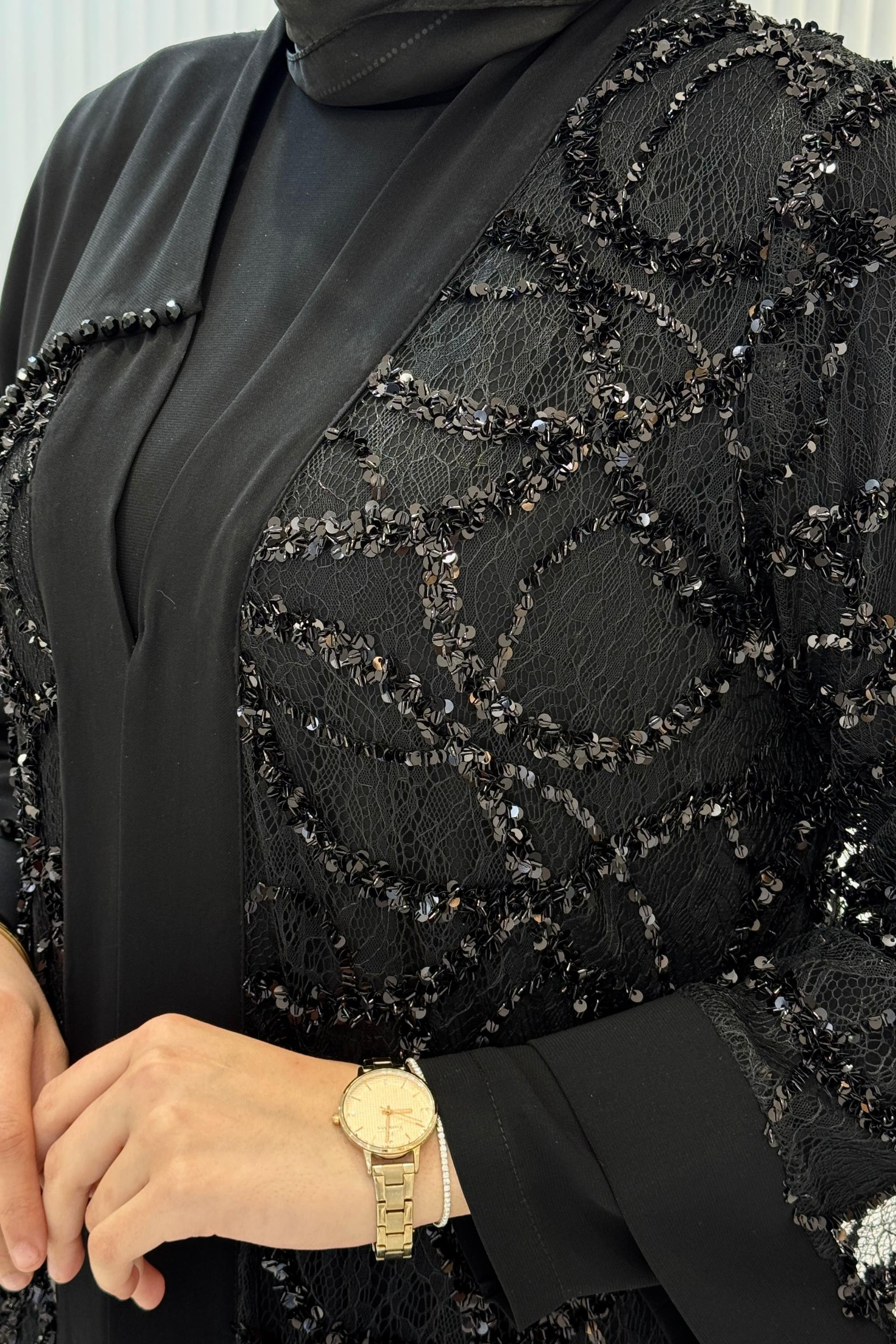 Orhan Store Payetli Dantel Detaylı Abaya Takım Siyah OTW2891