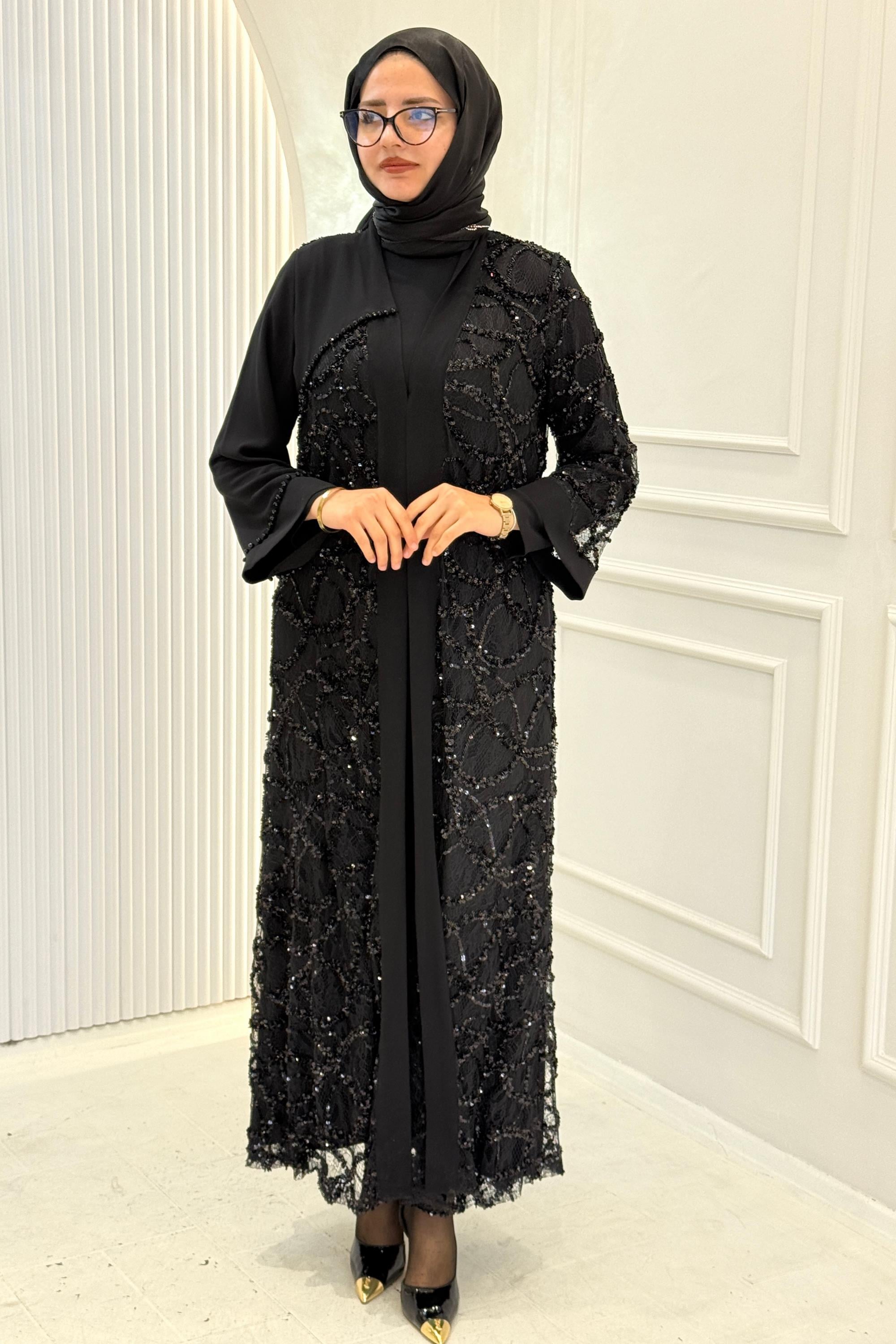 Orhan Store Payetli Dantel Detaylı Abaya Takım Siyah OTW2891