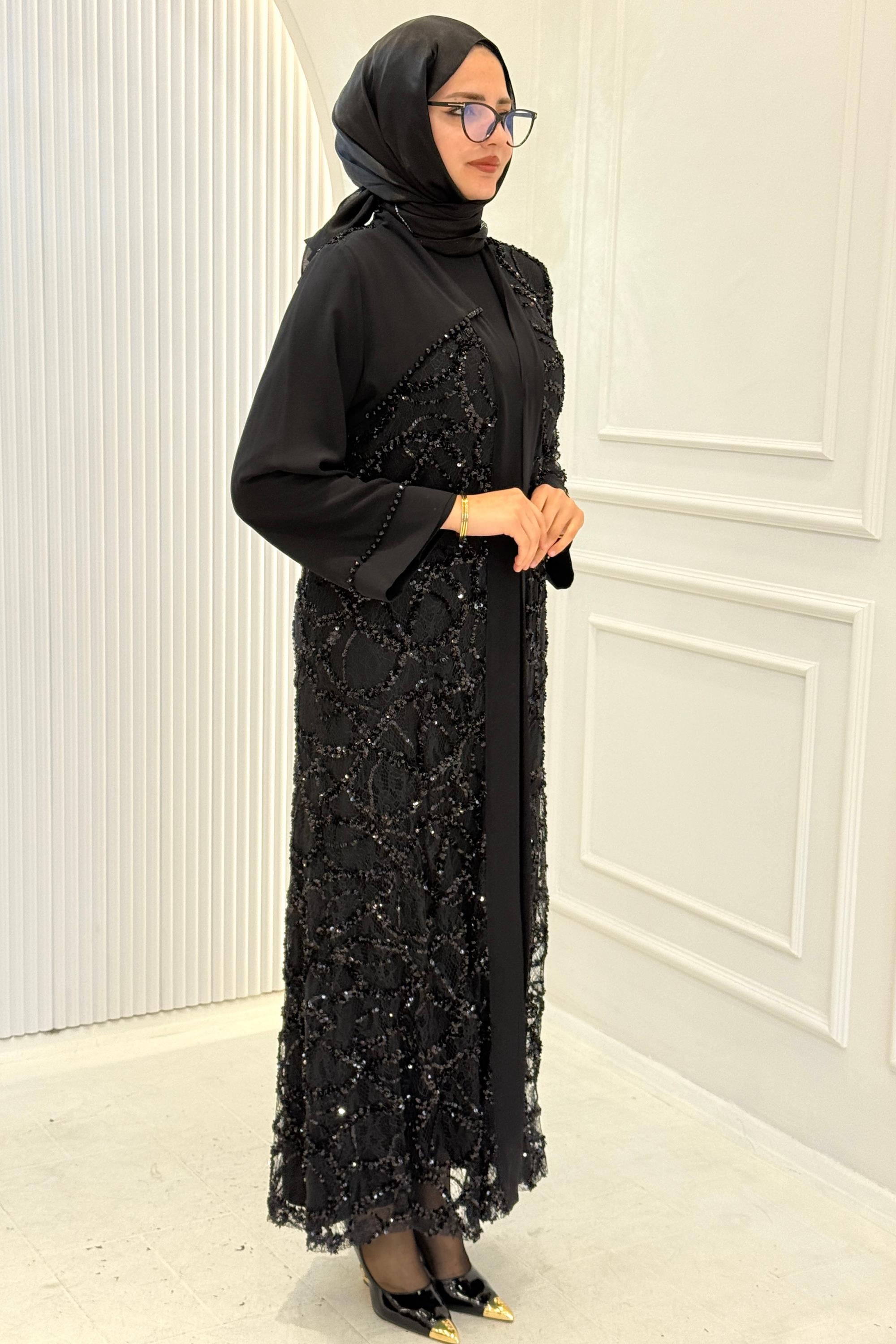 Orhan Store Payetli Dantel Detaylı Abaya Takım Siyah OTW2891