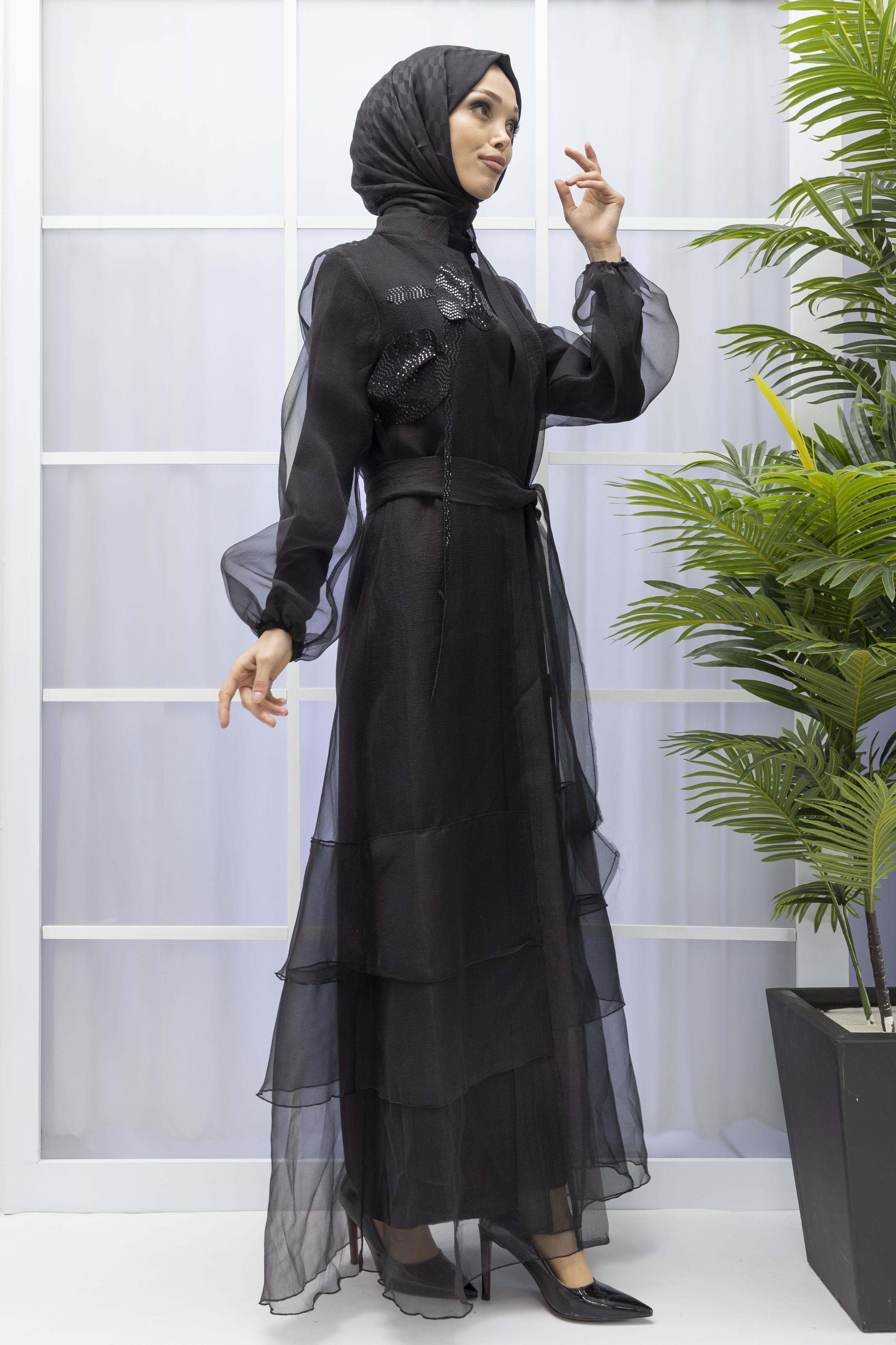 ORHAN STORE  ŞIK TÜL ABAYA TAKIM Siyah OTW1789