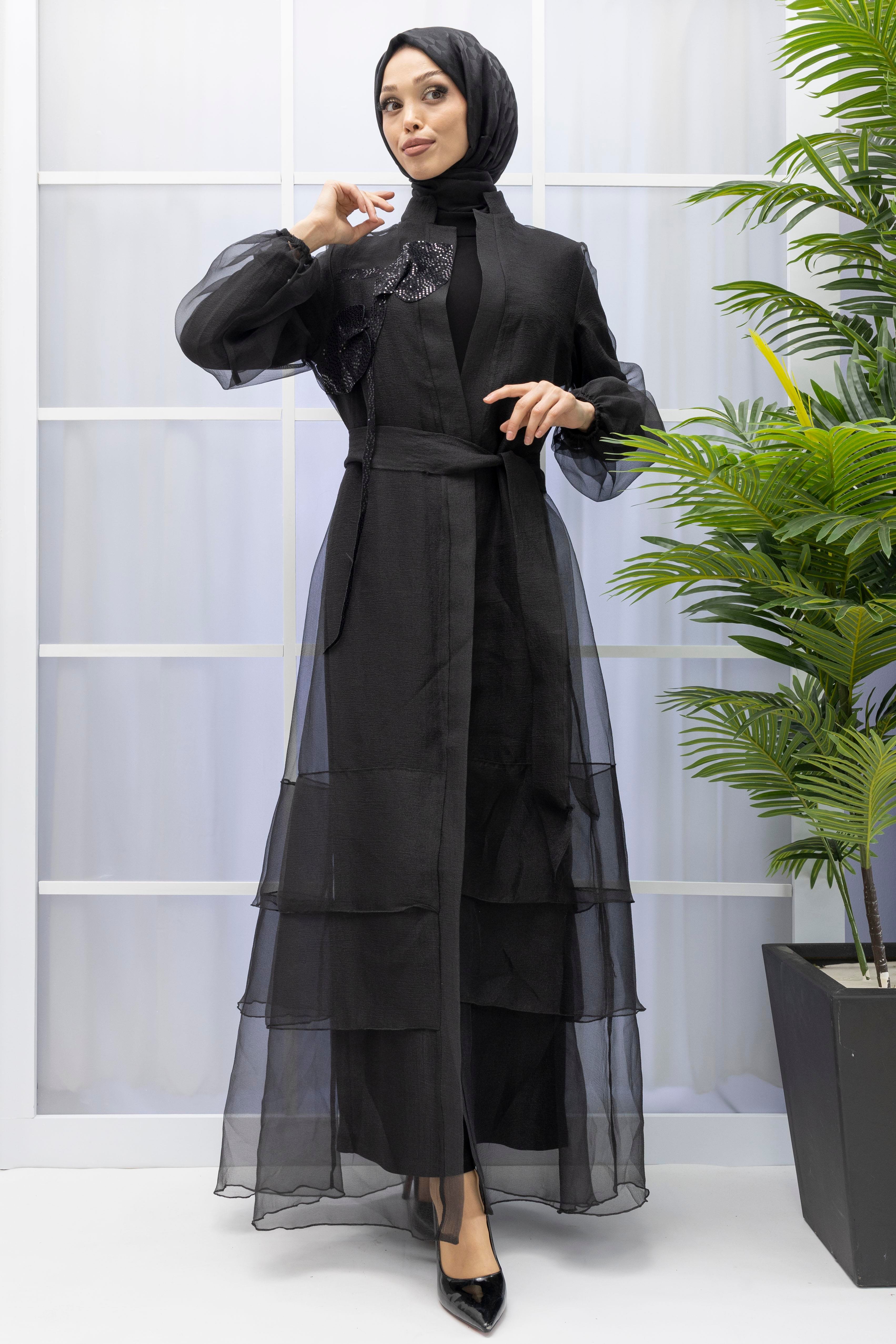 ORHAN STORE  ŞIK TÜL ABAYA TAKIM Siyah OTW1789