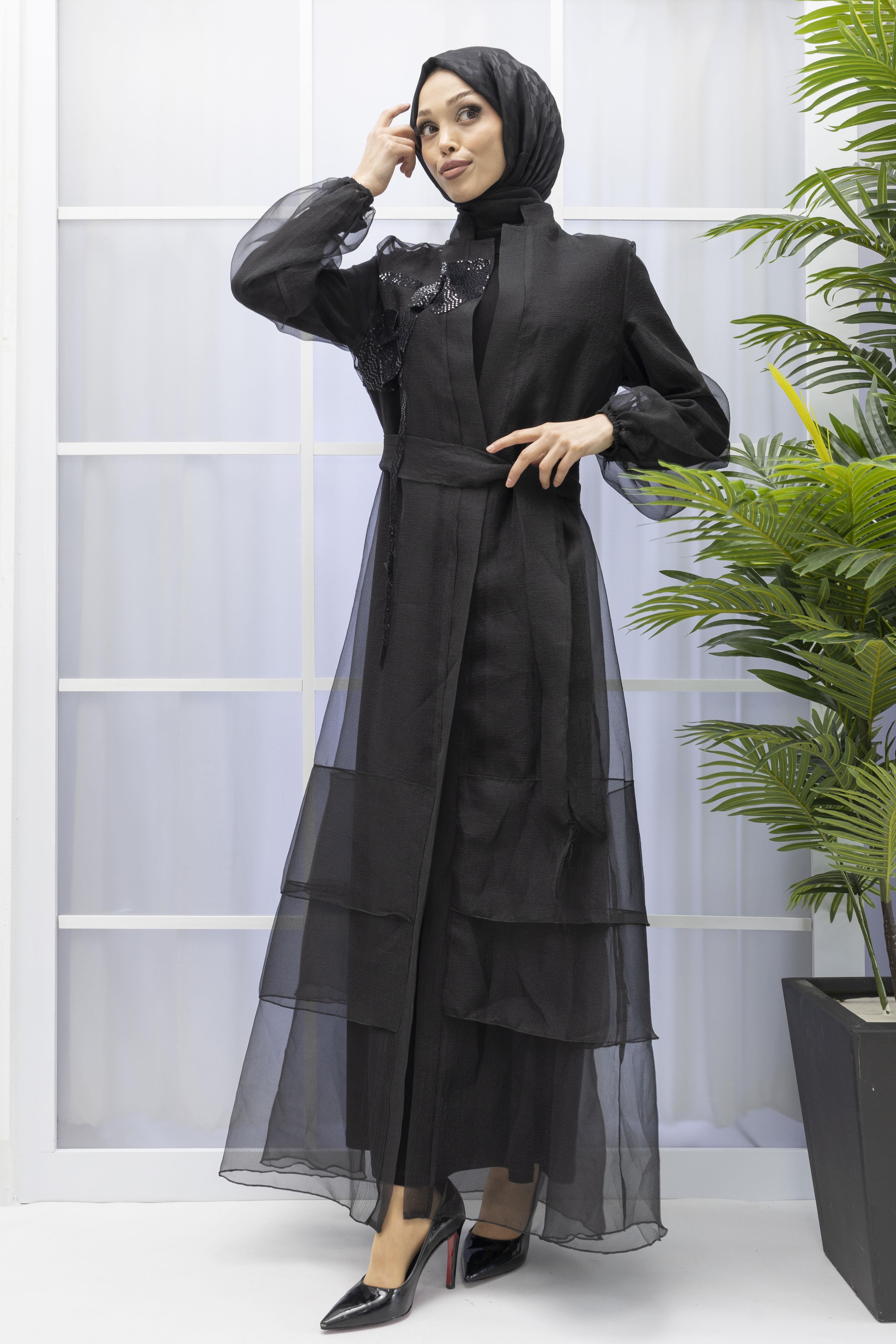 ORHAN STORE  ŞIK TÜL ABAYA TAKIM Siyah OTW1789