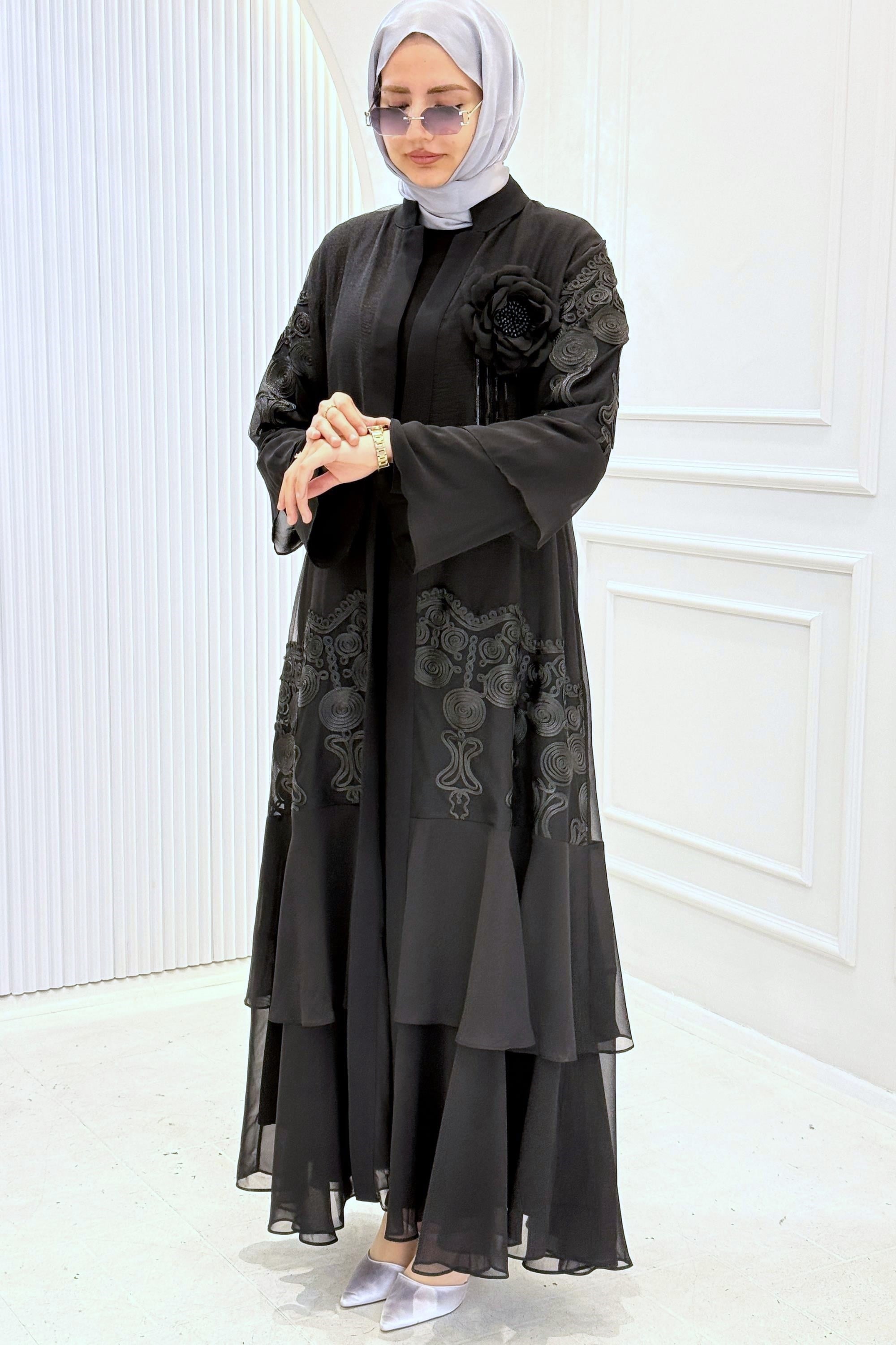 Orhan Store Siyah İşlemeli Şifon Abaya Takım Siyah OTW1990