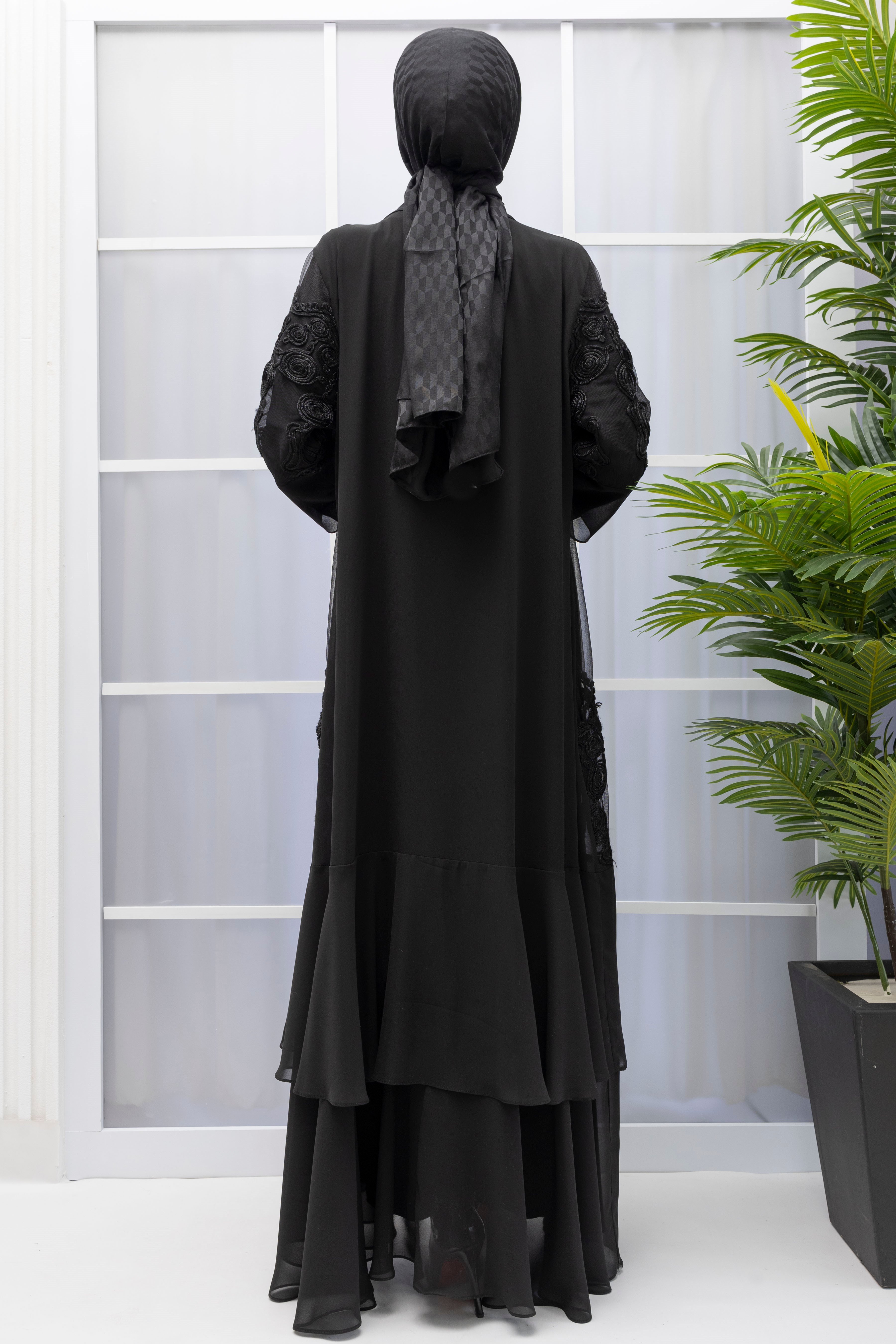 Orhan Store Siyah İşlemeli Şifon Abaya Takım Siyah OTW1990
