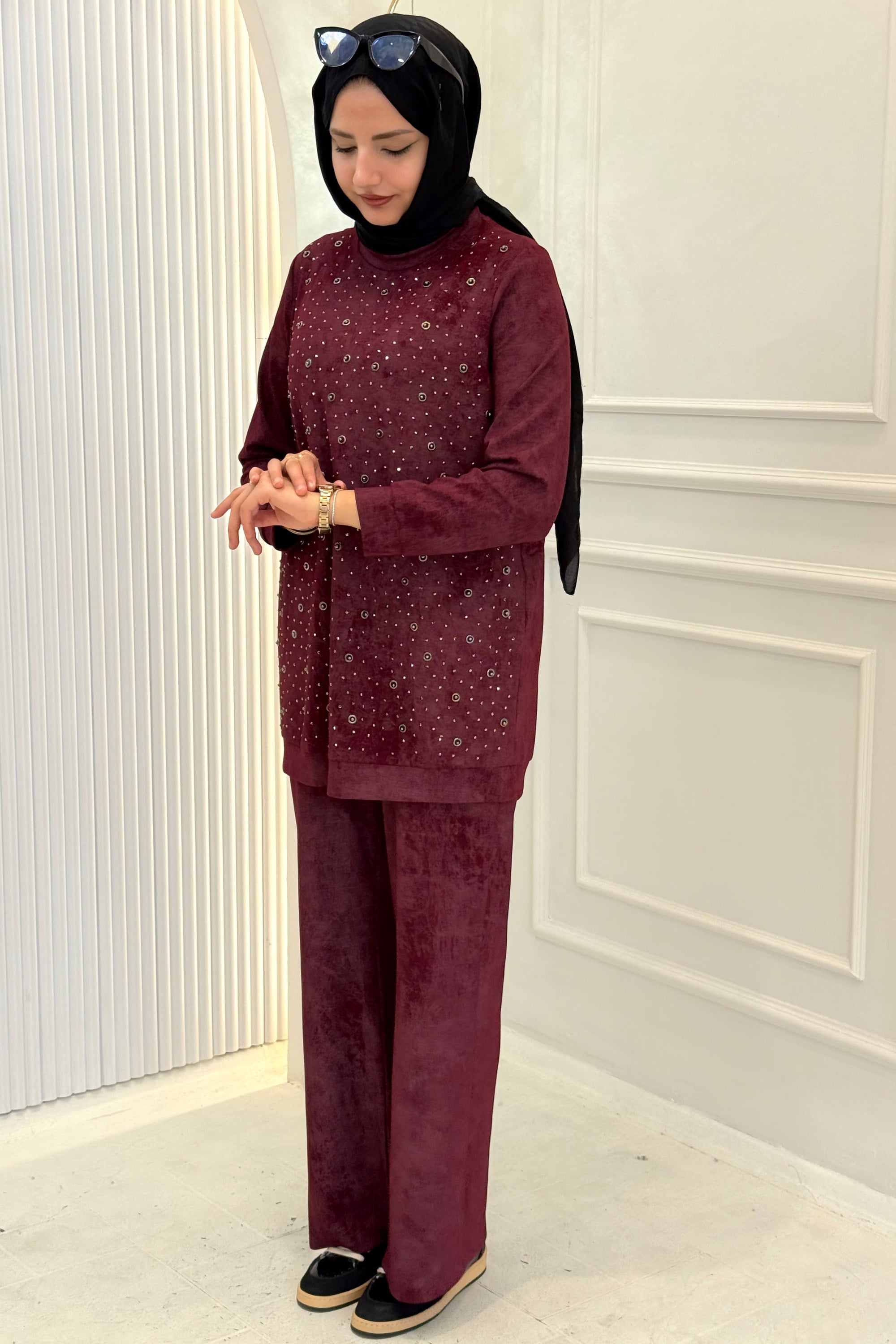 Orhan Store Taş Detaylı Tesettür Takım Bordo OTW2701