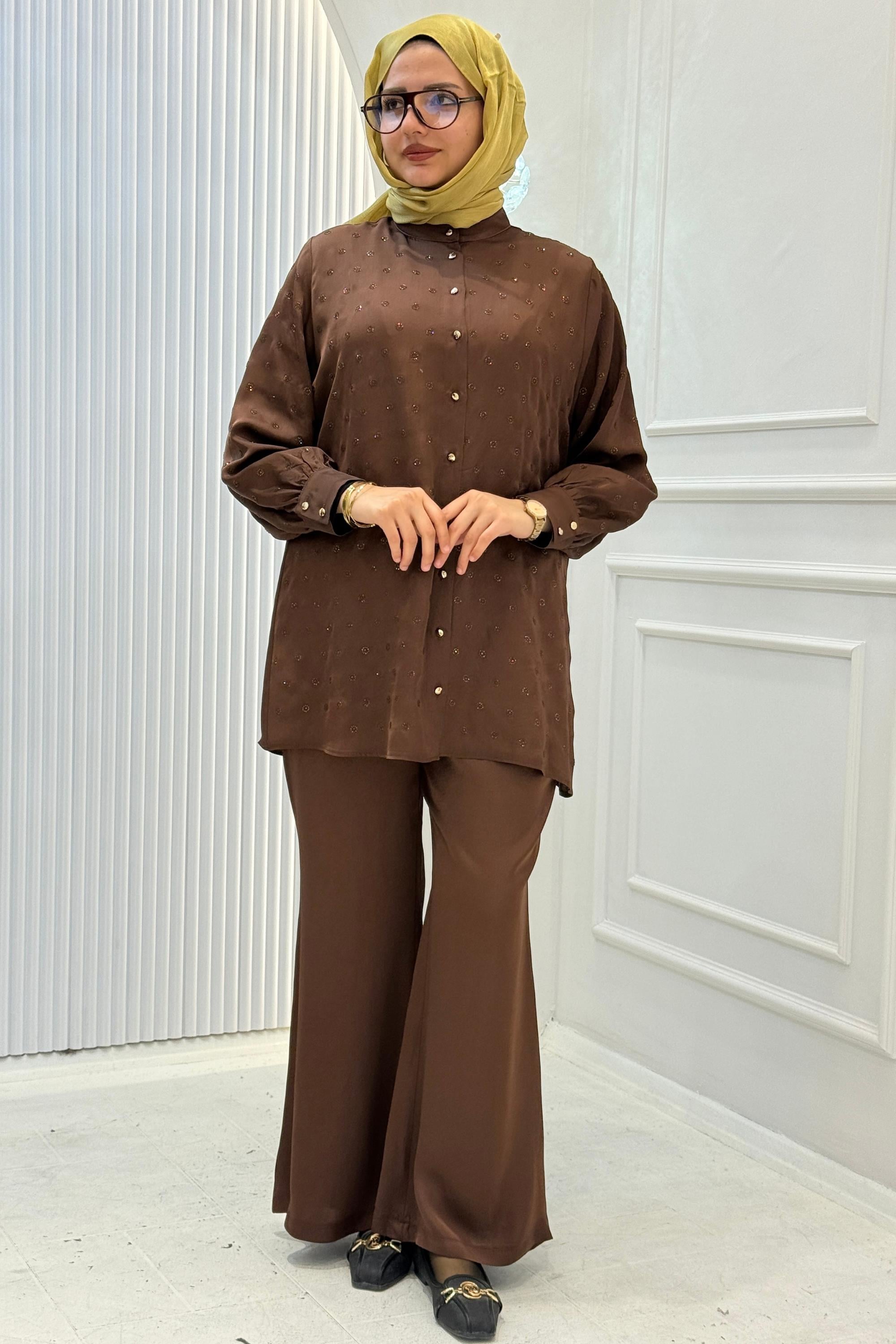 Orhan Store Taş İşlemeli Gömlek Pantolon Tesettür Takım Kahve OTW2910