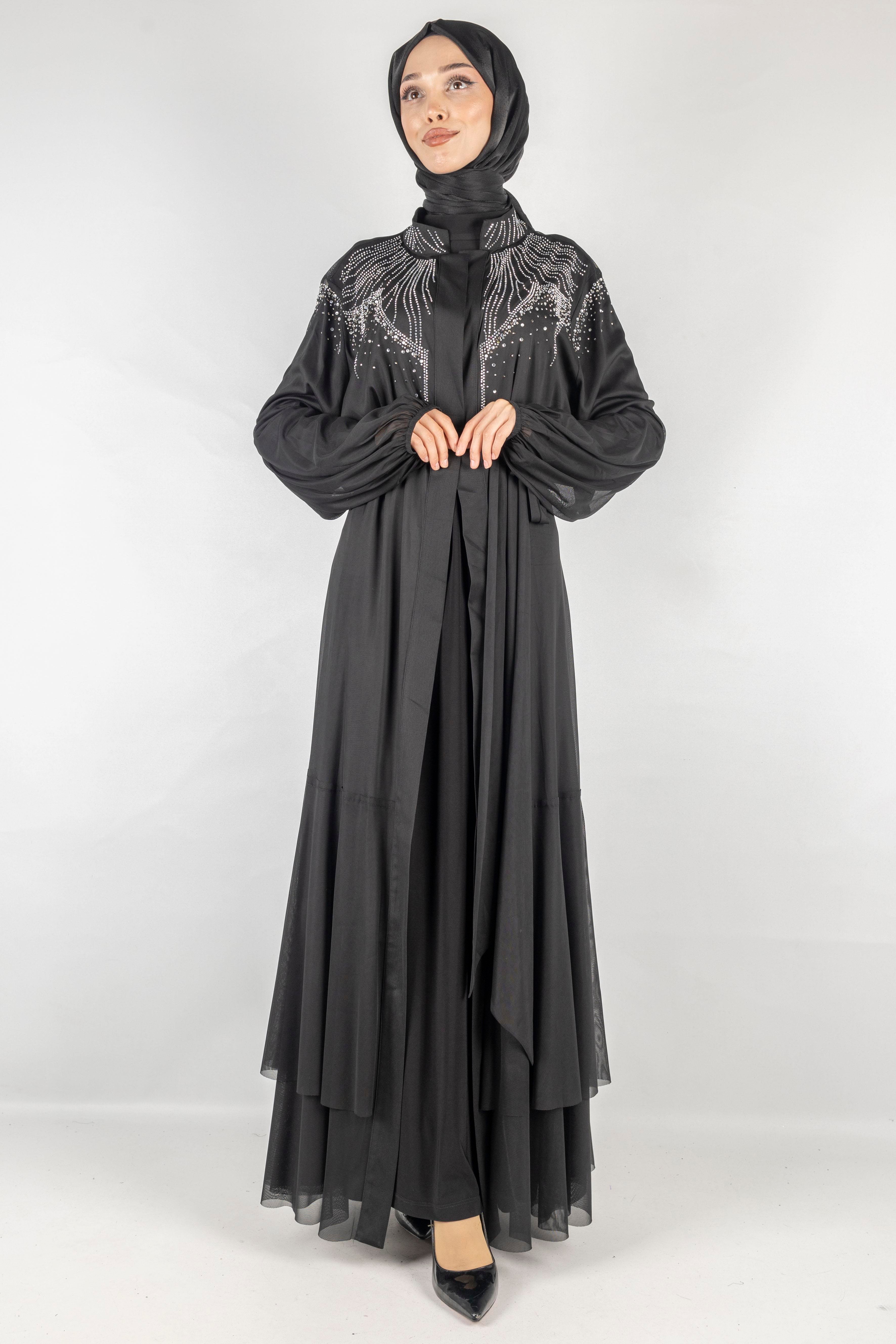 Orhan Store Taşlı Tül  Abayalı Takım Siyah OTW2074
