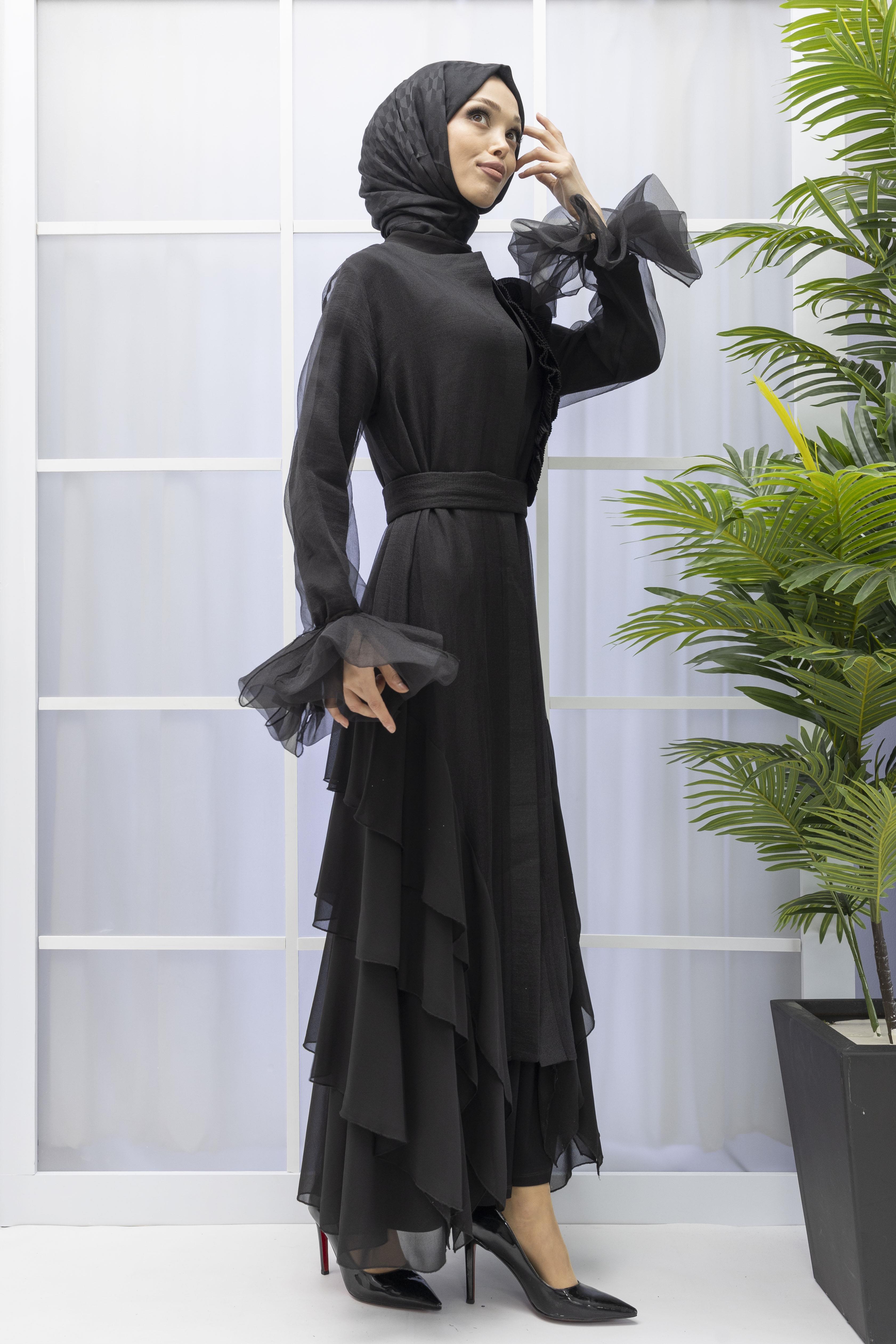 ORHAN STORE YAKA GÜL DETAYLI ABAYALI TAKIM Siyah OTW2181