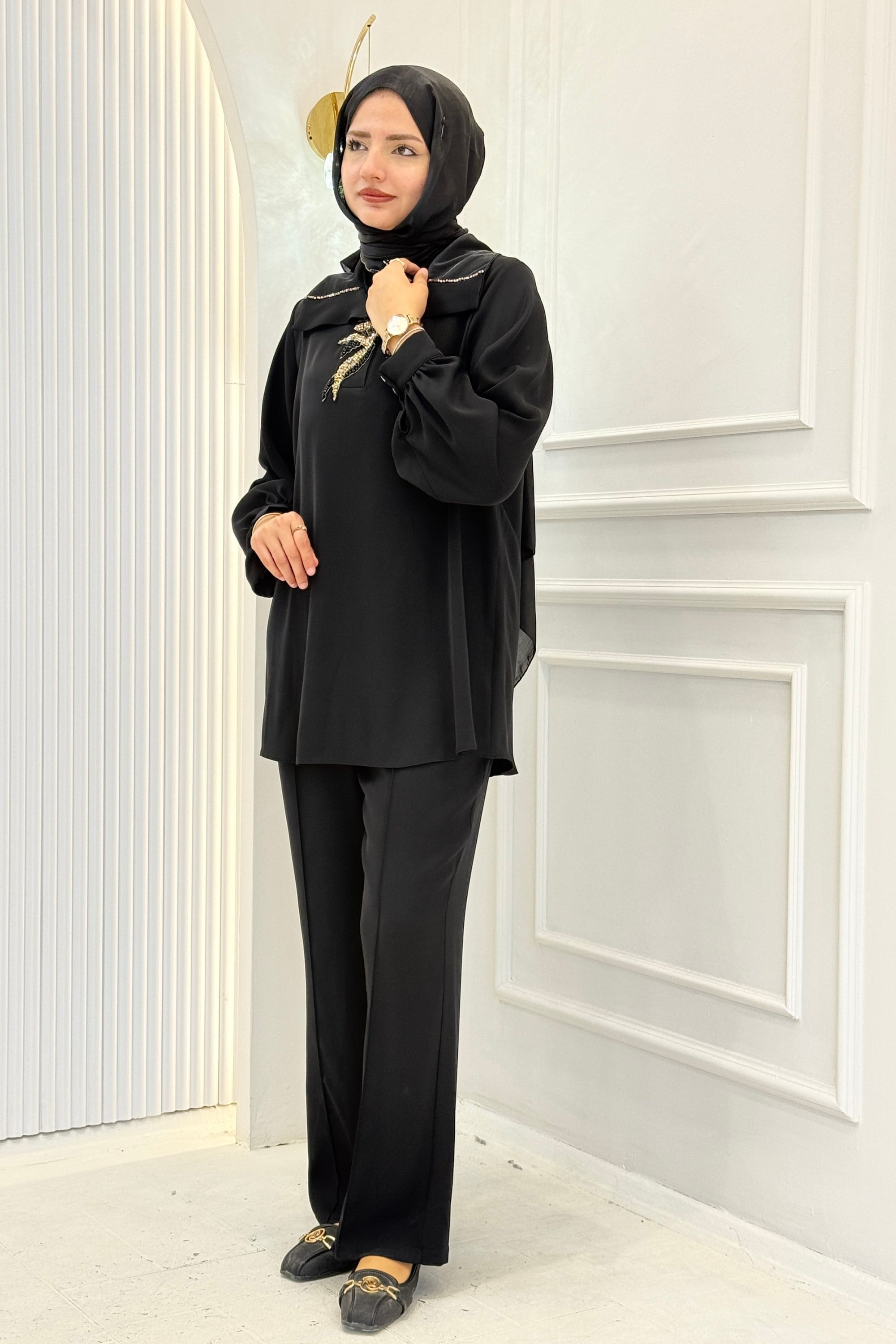 Orhan Store Yakası Taş İşlemeli Pantolonlu Takım Siyah OTW2896
