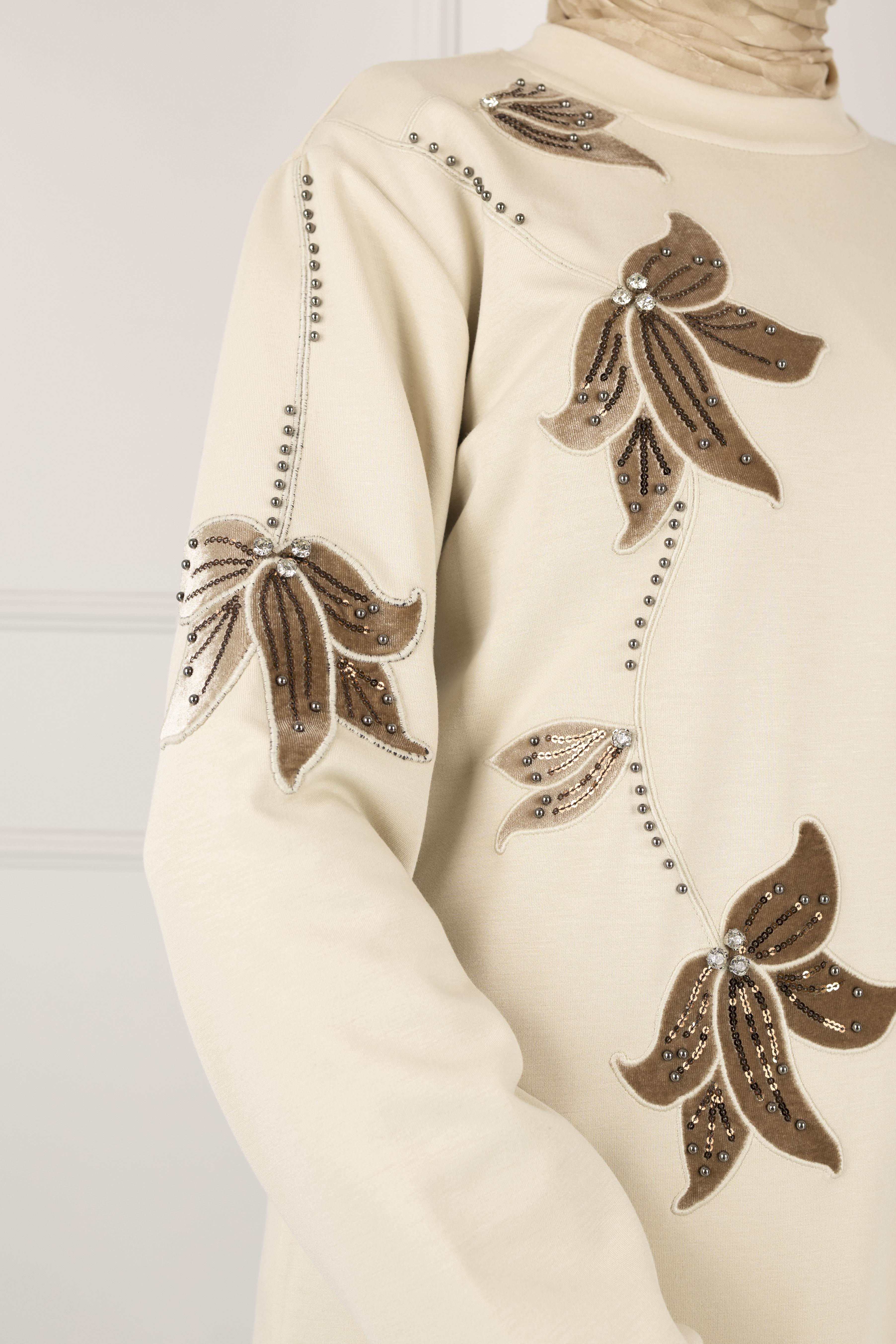 Ottoman Büyük Beden Kadife Nakışlı Tunik Taş OTW2127