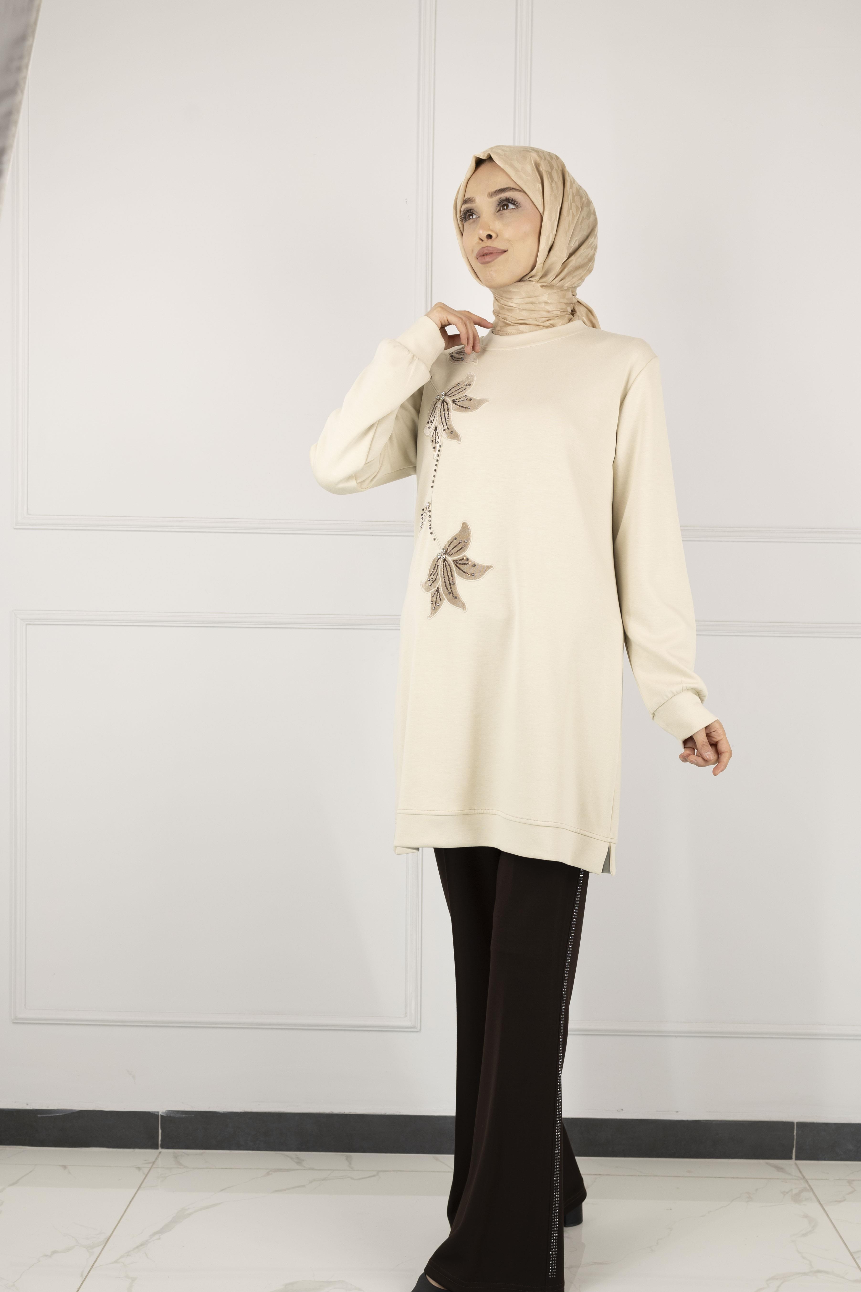 Ottoman Büyük Beden Kadife Nakışlı Tunik Taş OTW2127