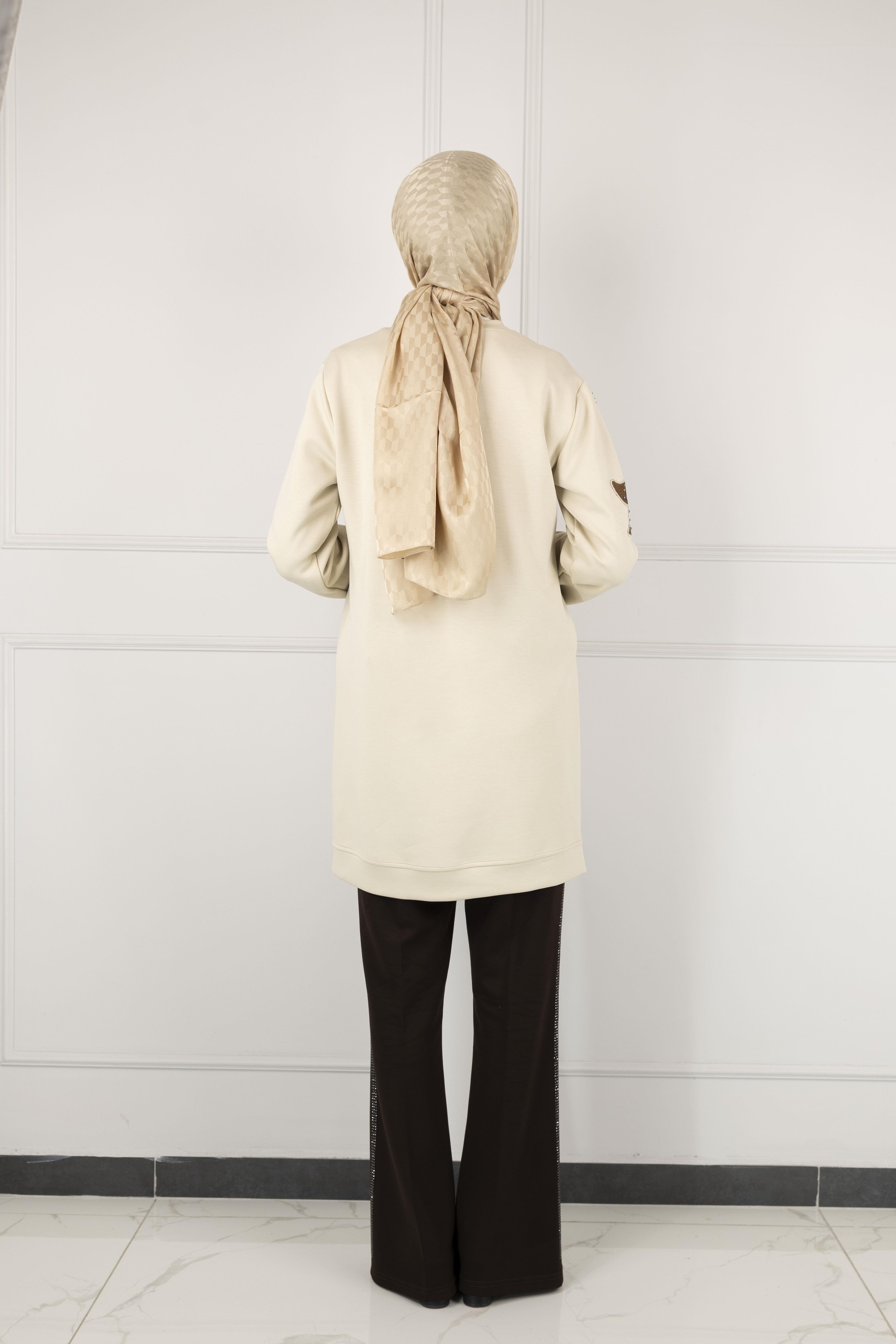 Ottoman Büyük Beden Kadife Nakışlı Tunik Taş OTW2127