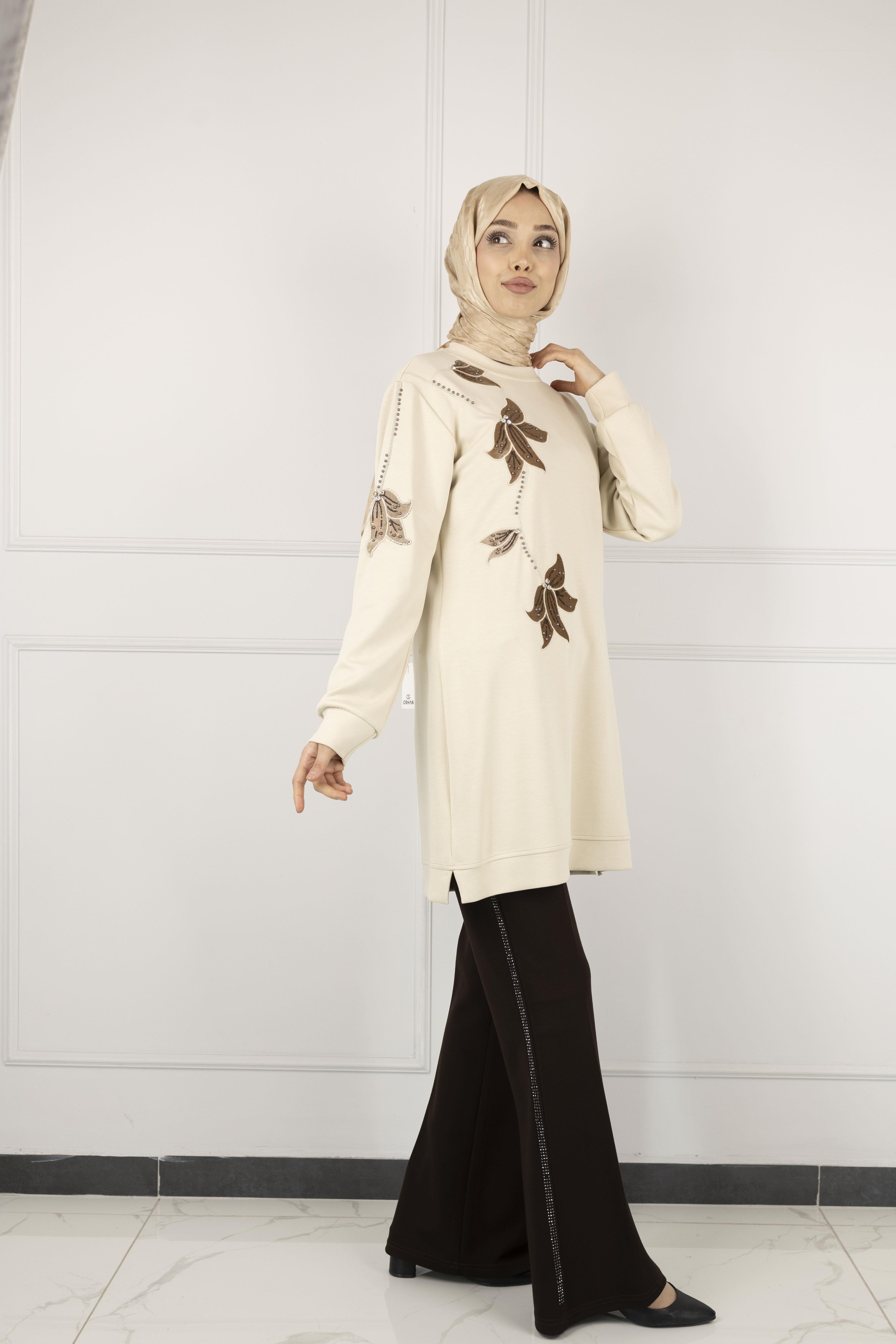 Ottoman Büyük Beden Kadife Nakışlı Tunik Taş OTW2127