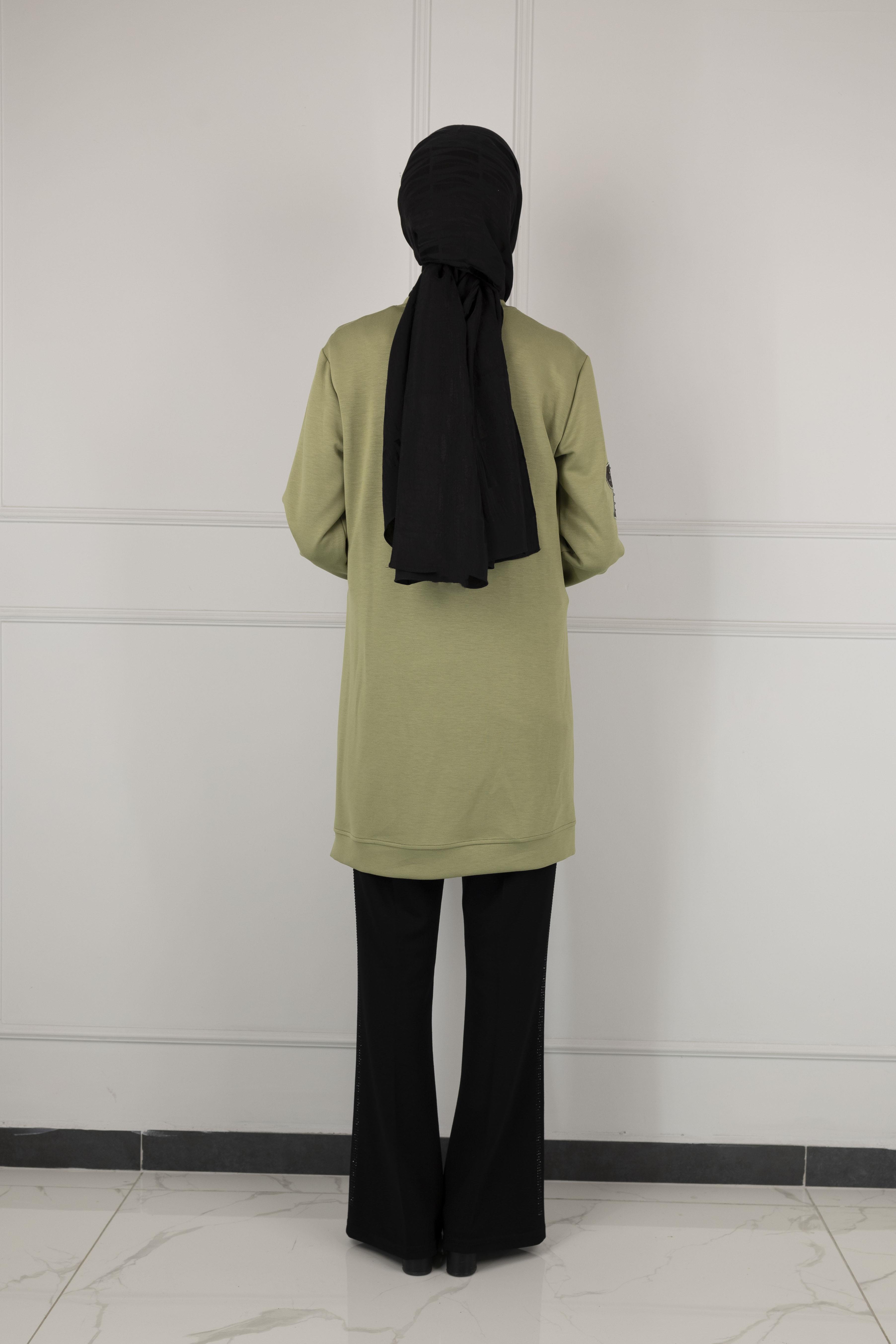 Ottoman Büyük Beden Kadife Nakışlı Tunik Yeşil OTW2127