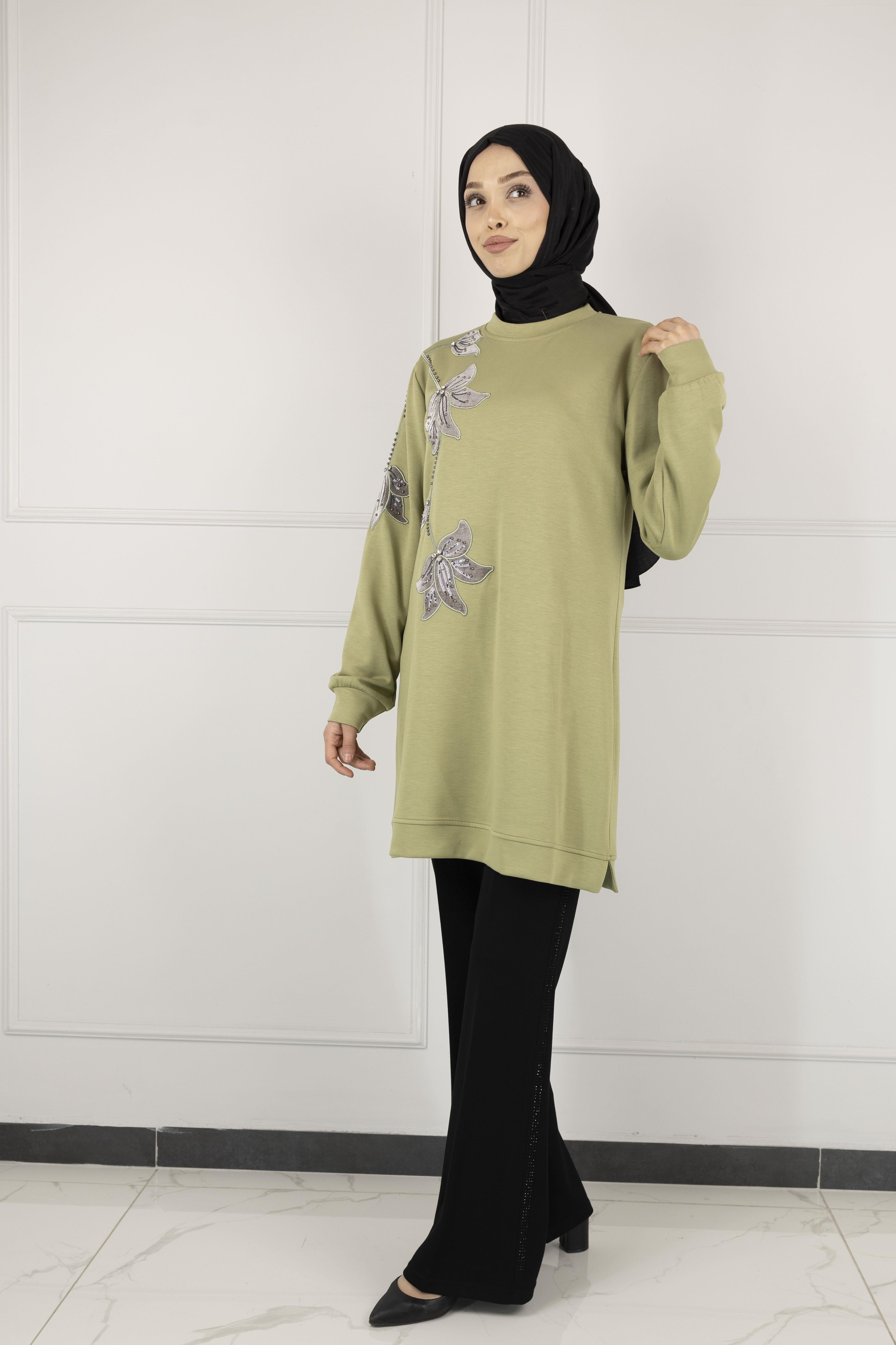 Ottoman Büyük Beden Kadife Nakışlı Tunik Yeşil OTW2127