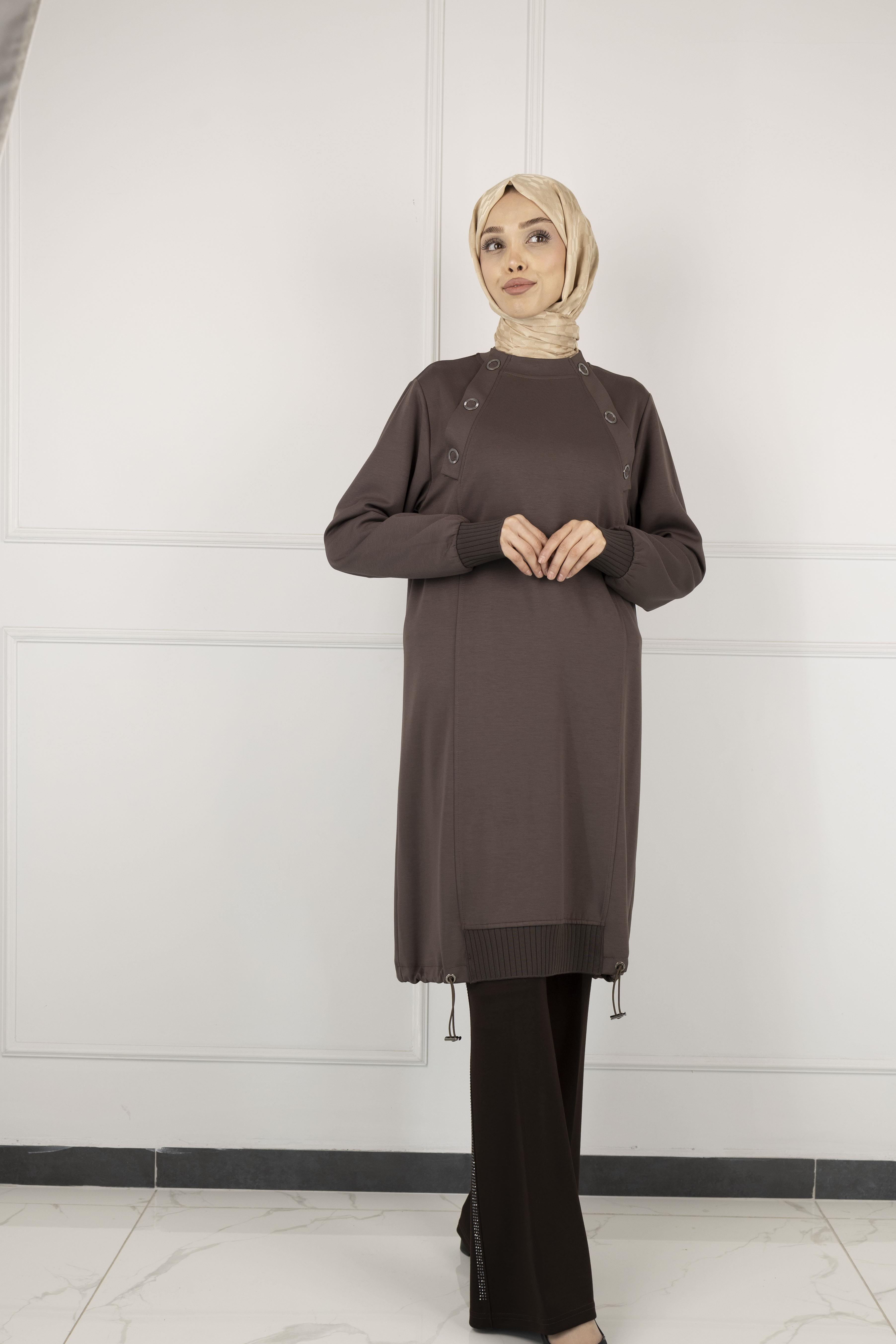 Ottoman Büyük Beden Ribanalı Tunik Kahve OTW2140