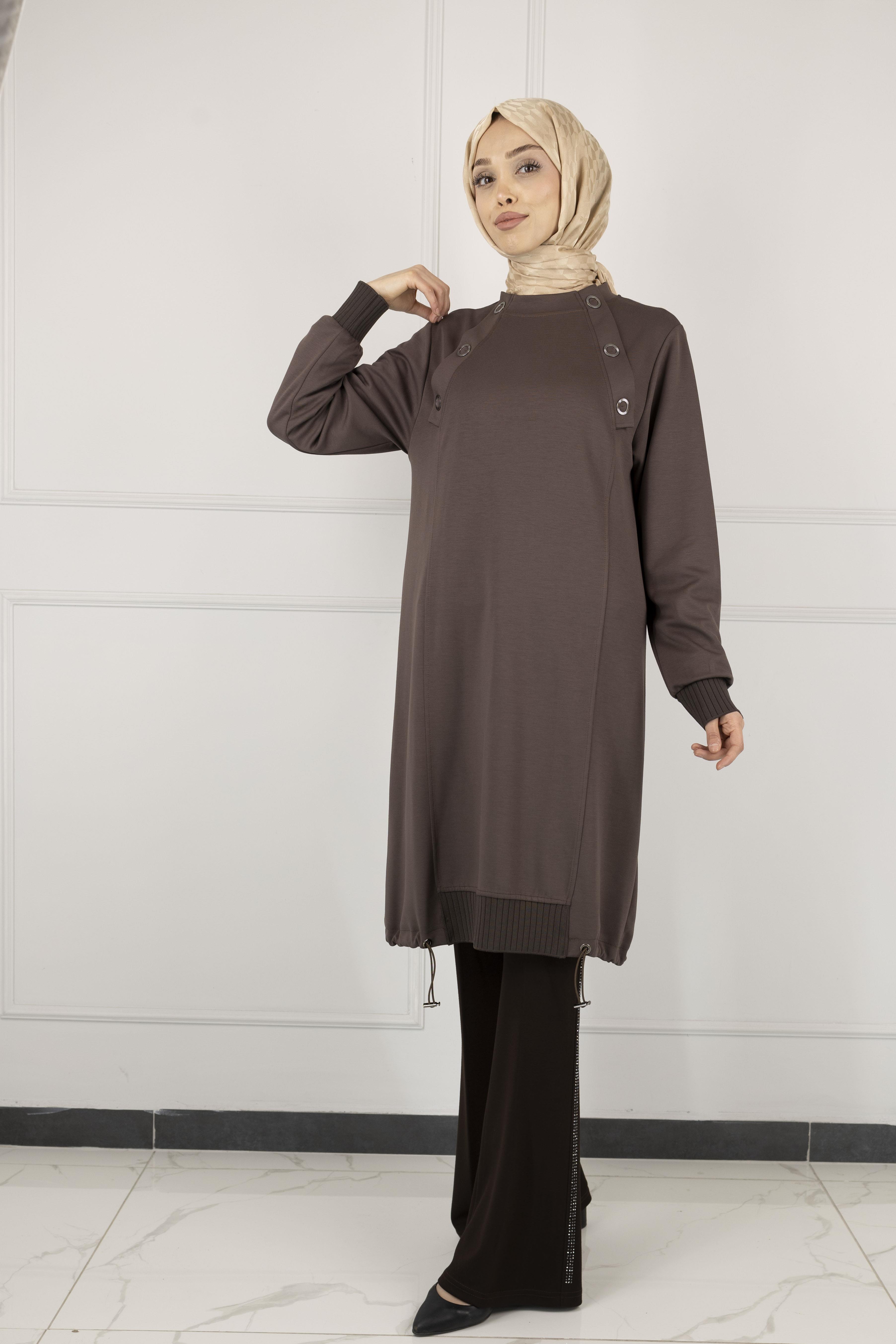 Ottoman Büyük Beden Ribanalı Tunik Kahve OTW2140