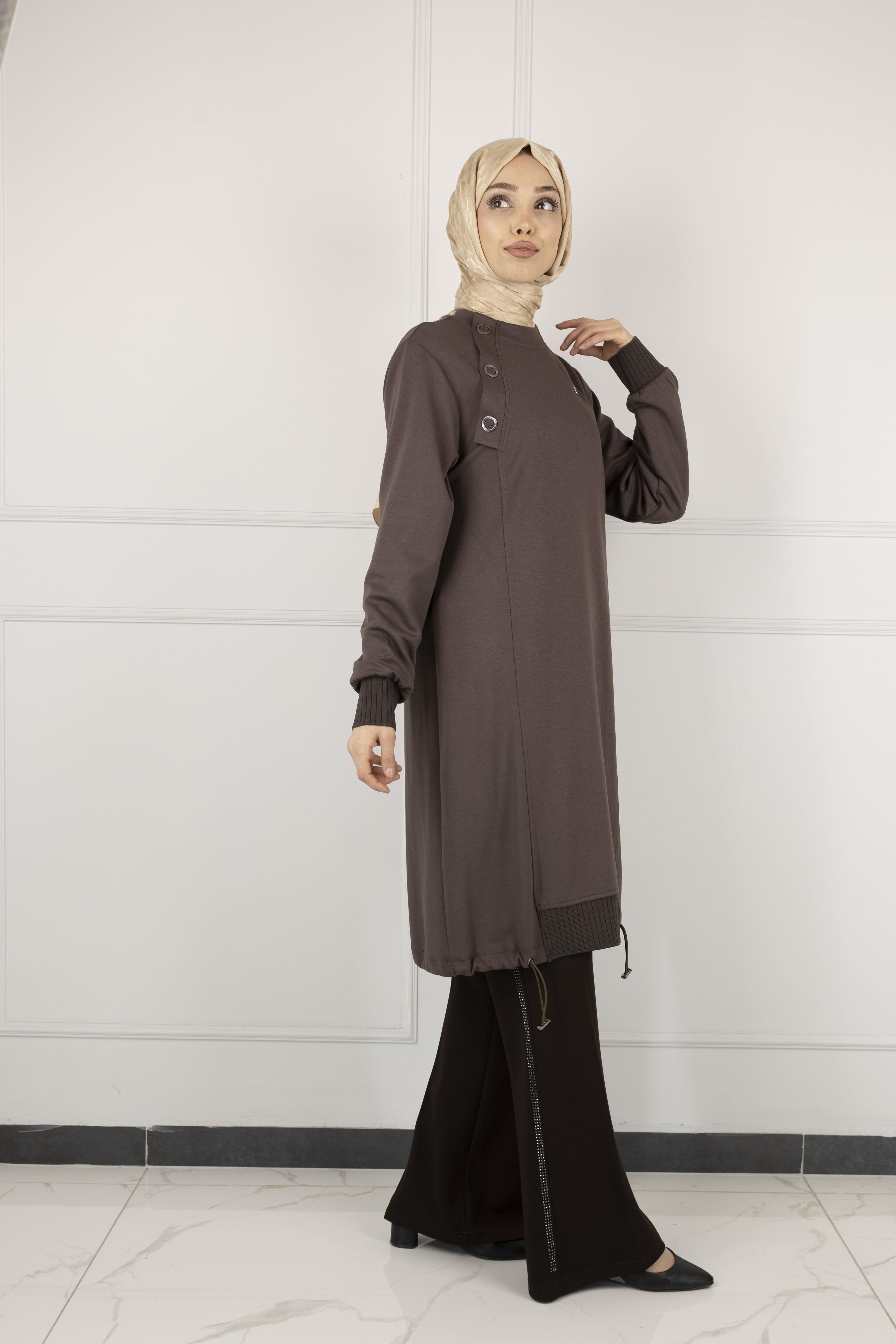 Ottoman Büyük Beden Ribanalı Tunik Kahve OTW2140