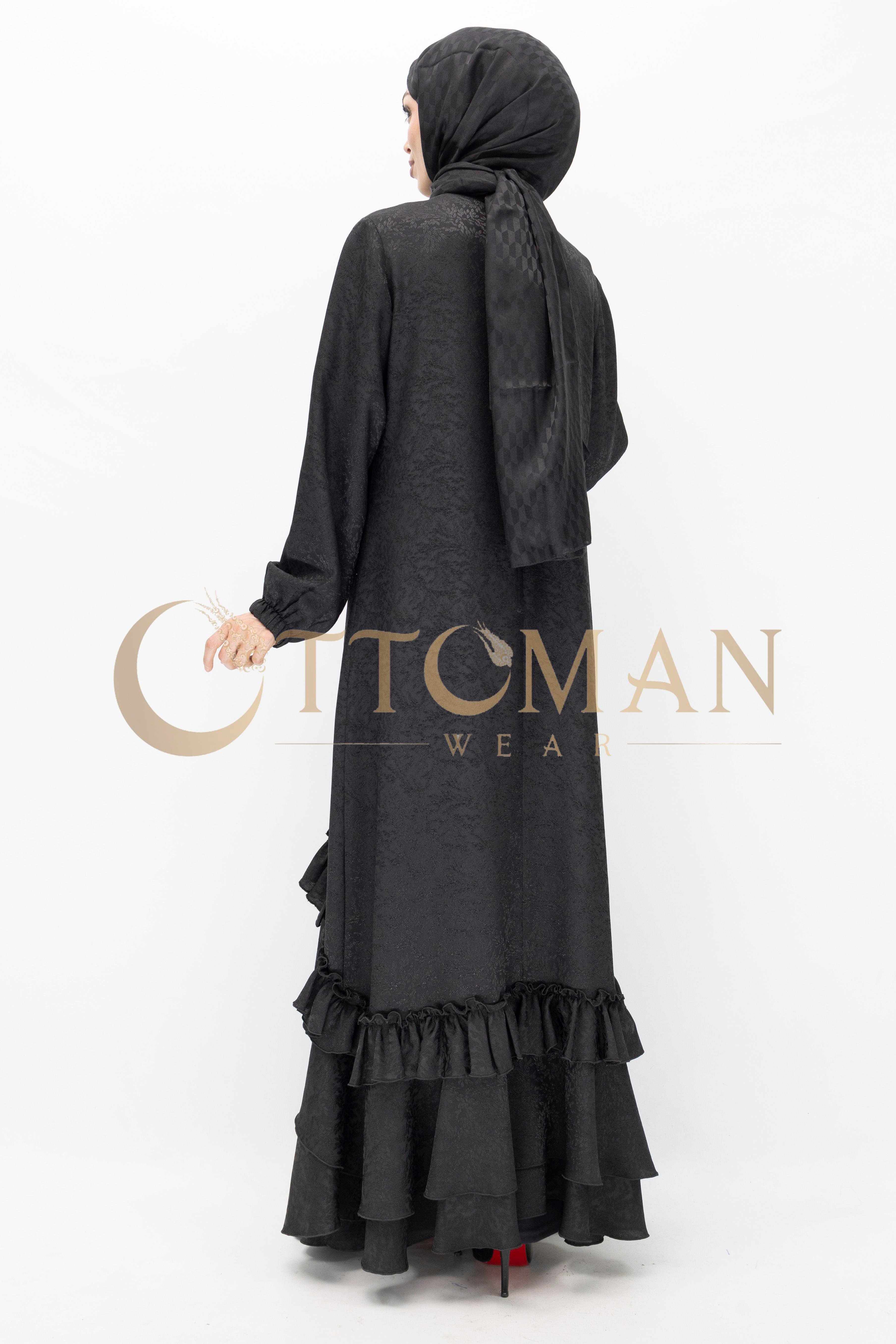 Ottoman Nazende Büyük Beden Jakar Kumaş Taşlı Volanlı Elbise Siyah OTW1111