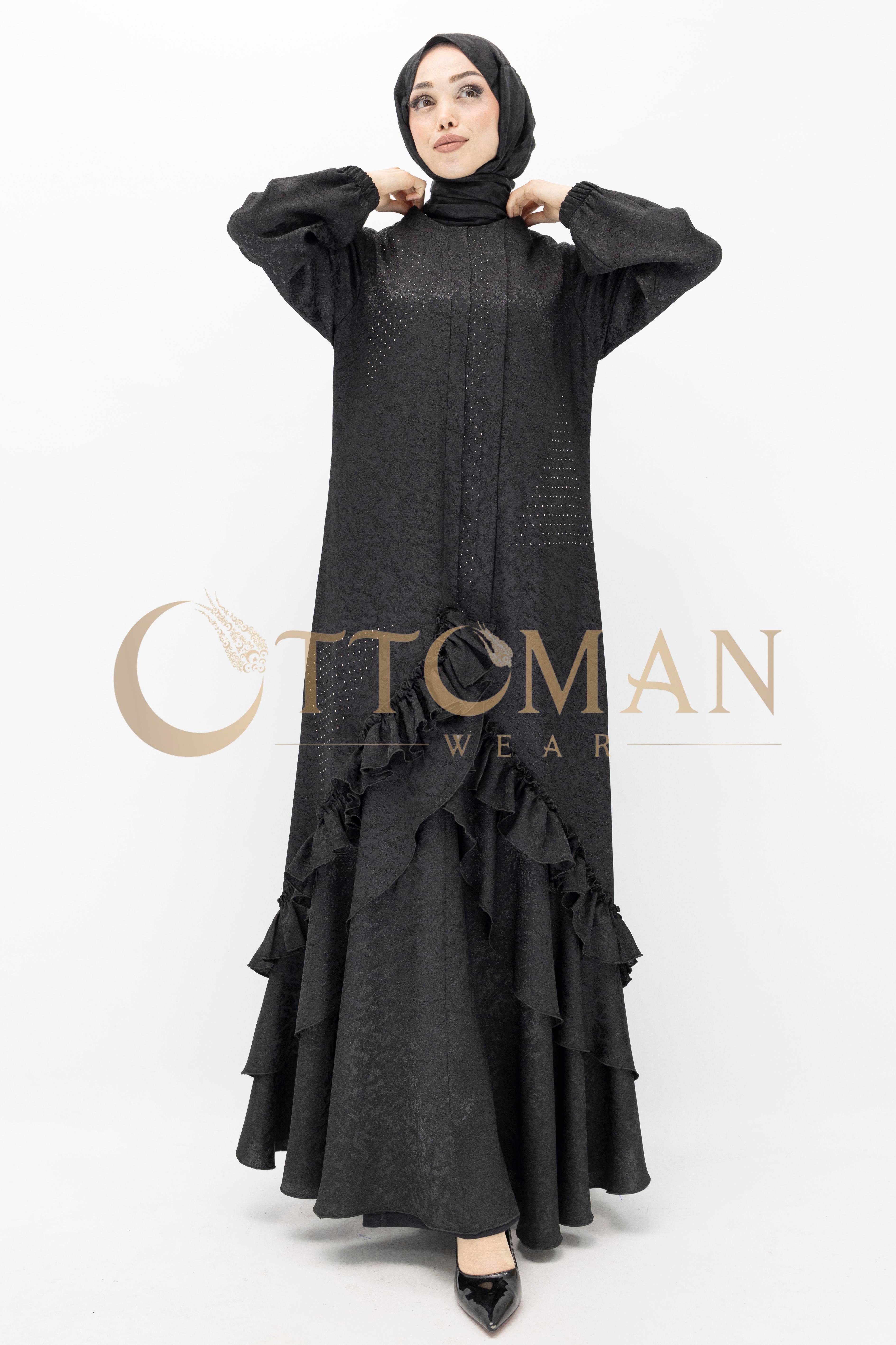 Ottoman Nazende Büyük Beden Jakar Kumaş Taşlı Volanlı Elbise Siyah OTW1111