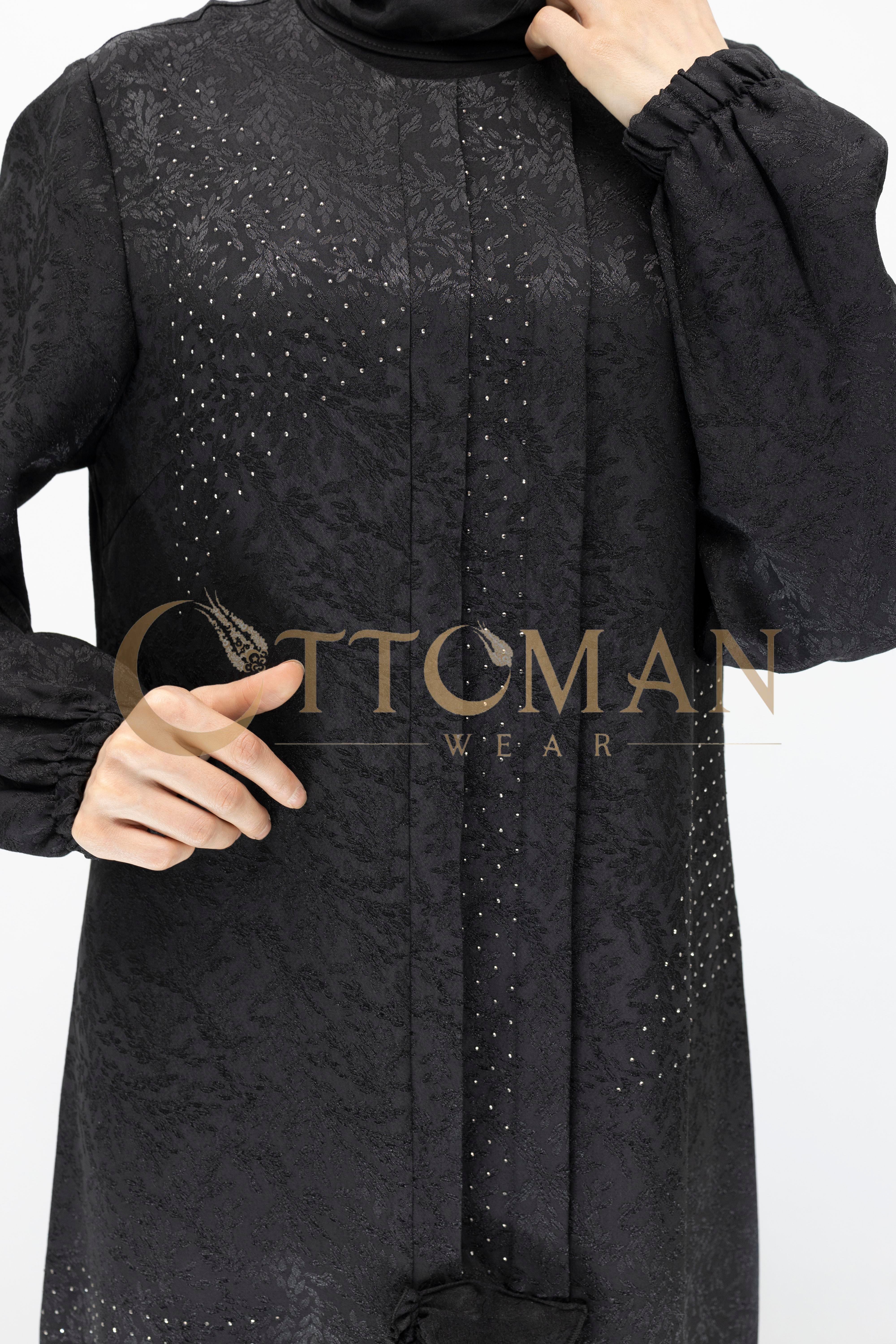 Ottoman Nazende Büyük Beden Jakar Kumaş Taşlı Volanlı Elbise Siyah OTW1111