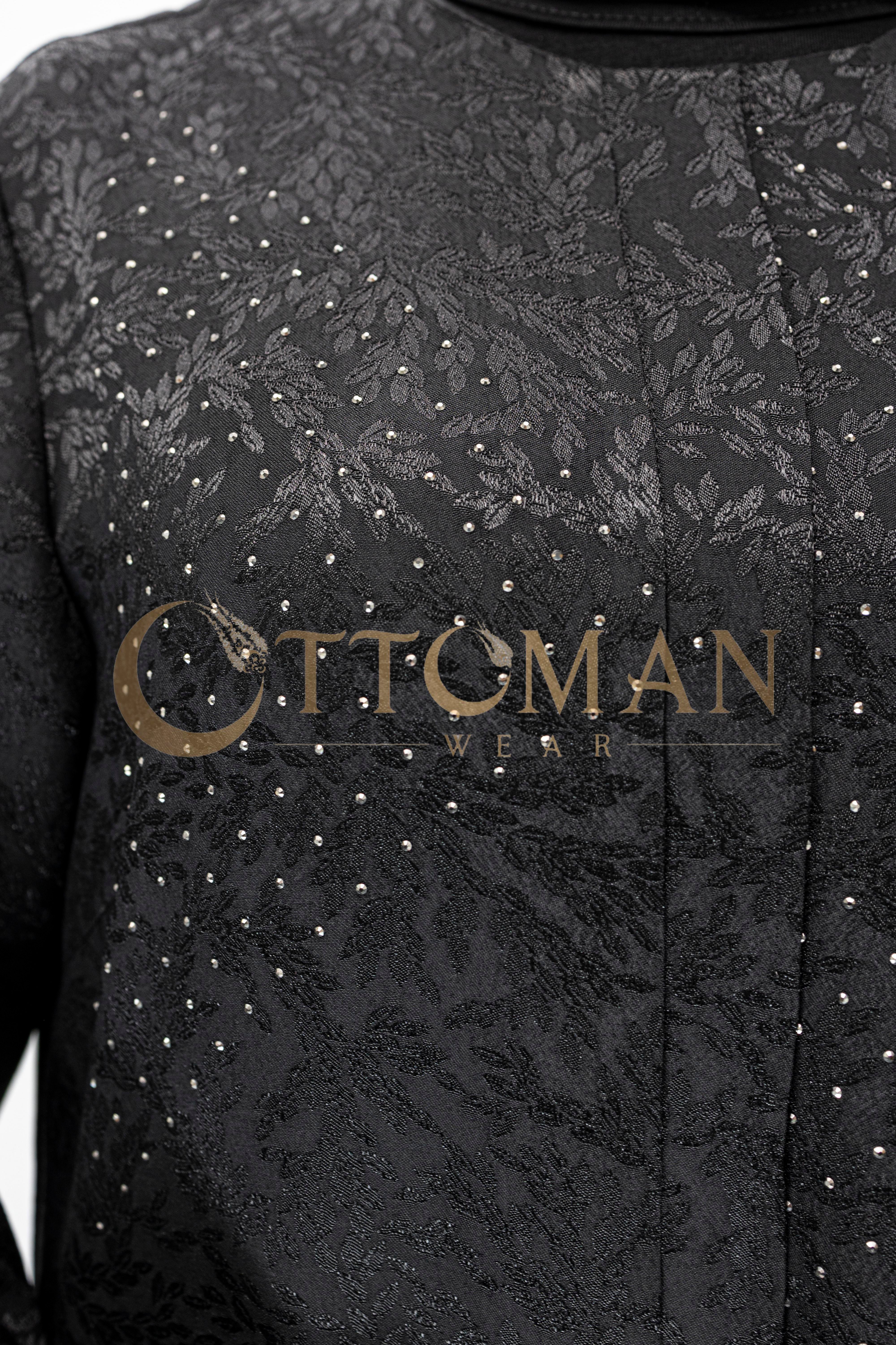 Ottoman Nazende Büyük Beden Jakar Kumaş Taşlı Volanlı Elbise Siyah OTW1111