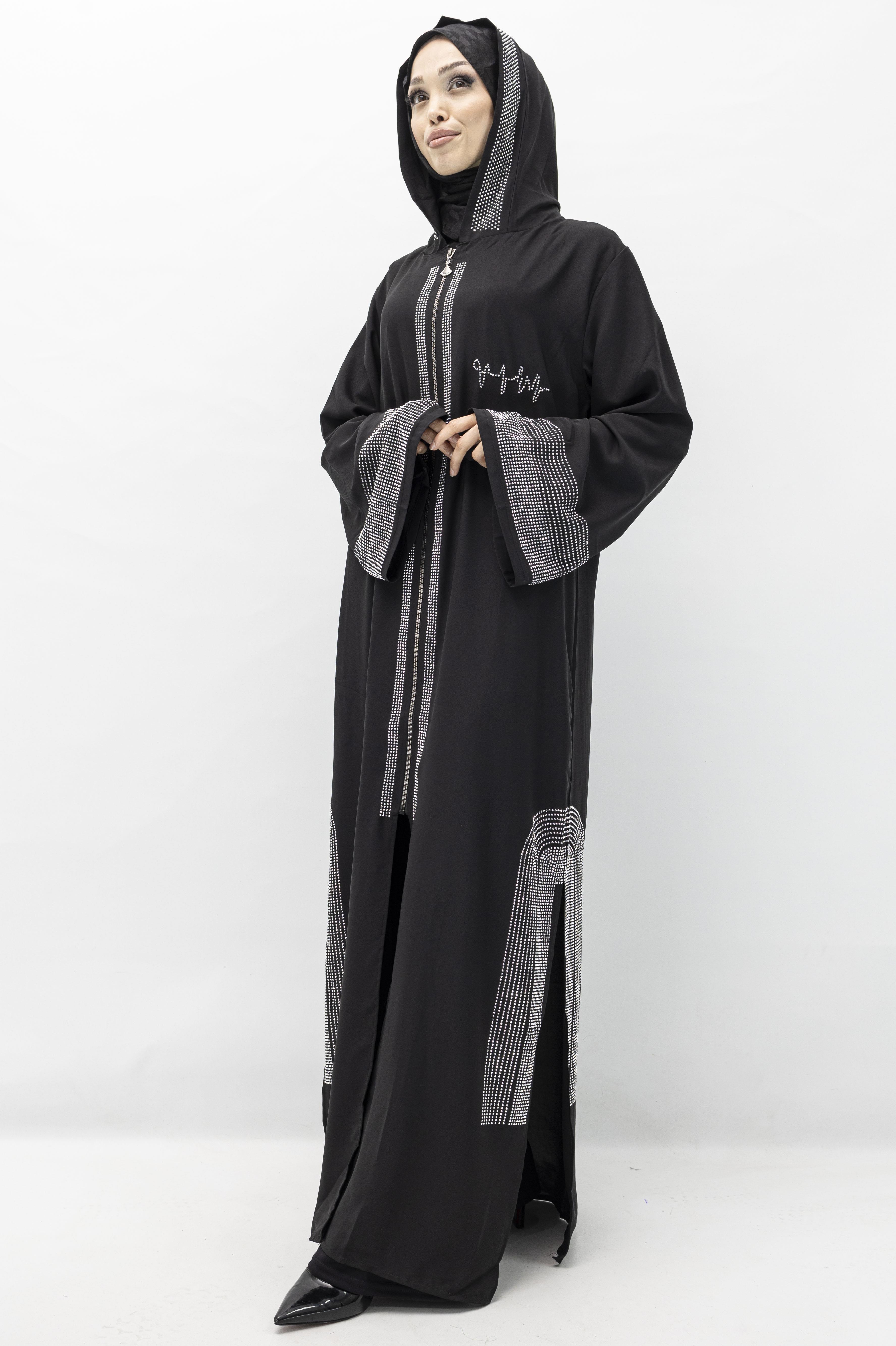 OTTOMAN TAŞLI DUBAİ FERACE Siyah-Gümüş OTW6112