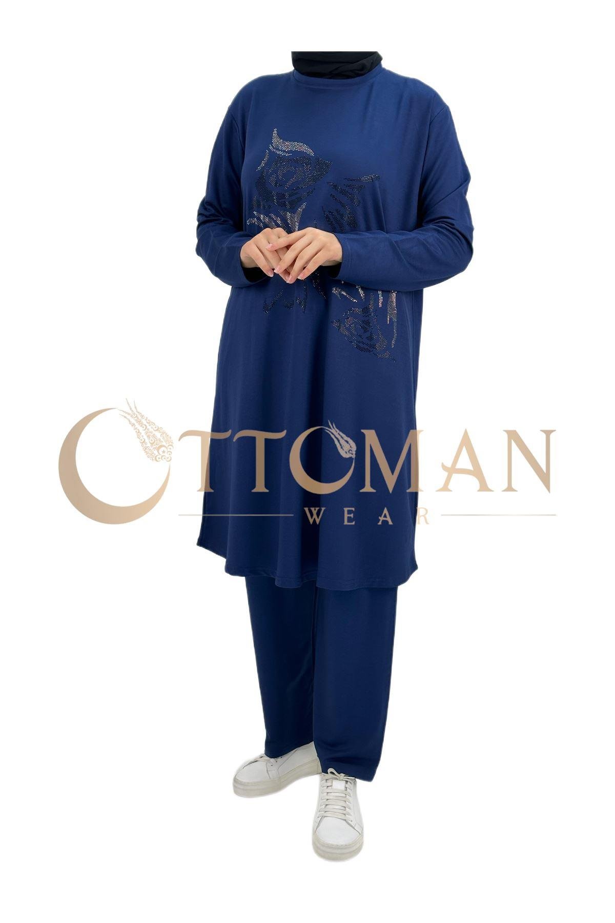 OTW003 Taşlı Gül Desenli Takım Saks