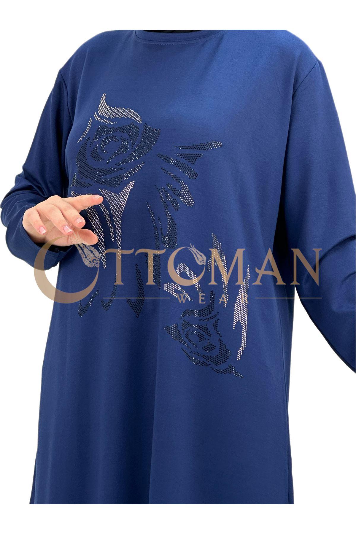 OTW003 Taşlı Gül Desenli Takım Saks