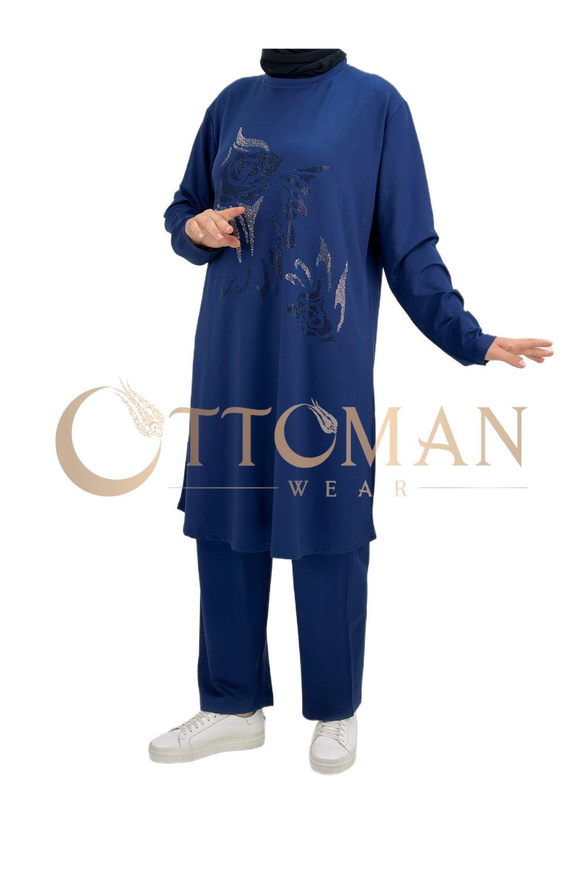 OTW003 Taşlı Gül Desenli Takım Saks