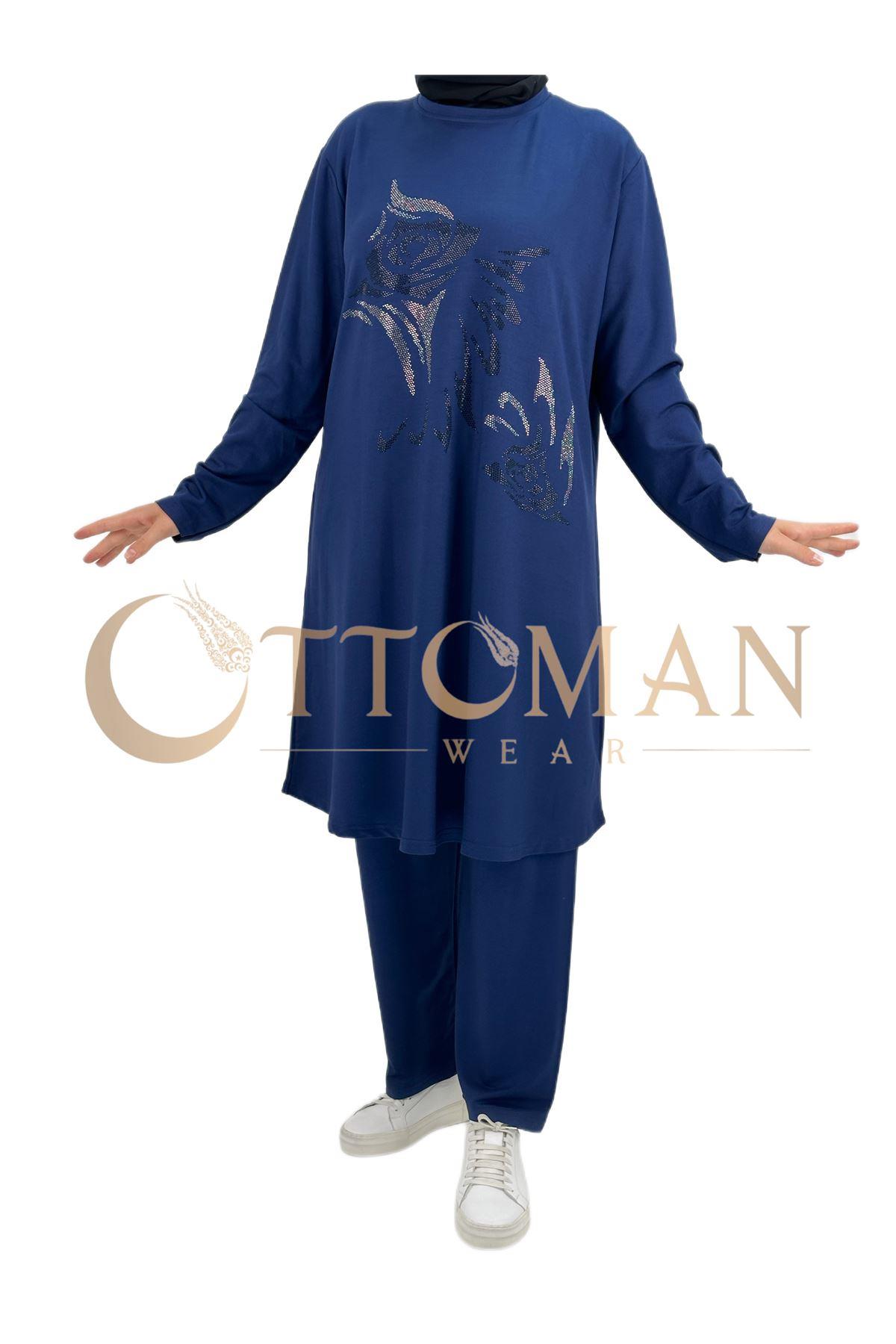 OTW003 Taşlı Gül Desenli Takım Saks