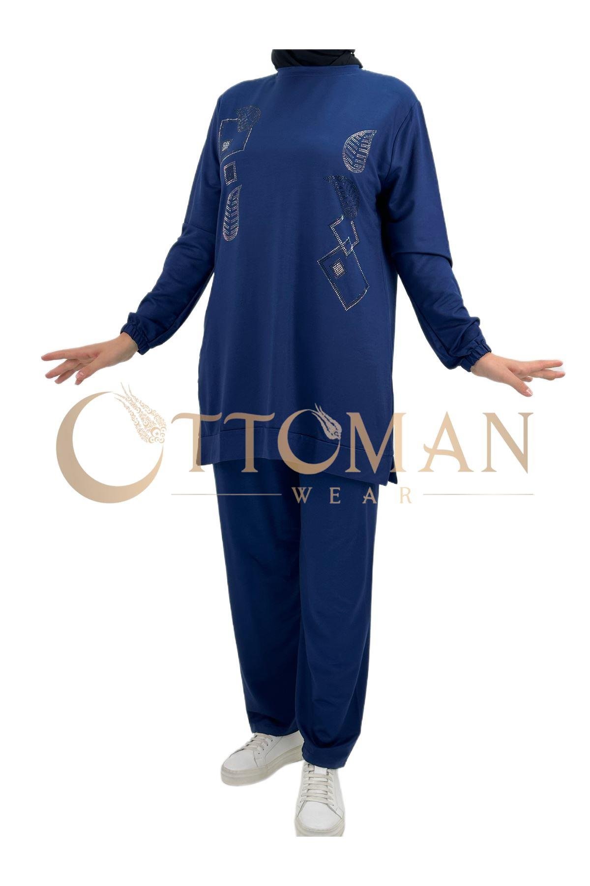 OTW005 Geometrik Desenli Pantolonlu Takım Saks