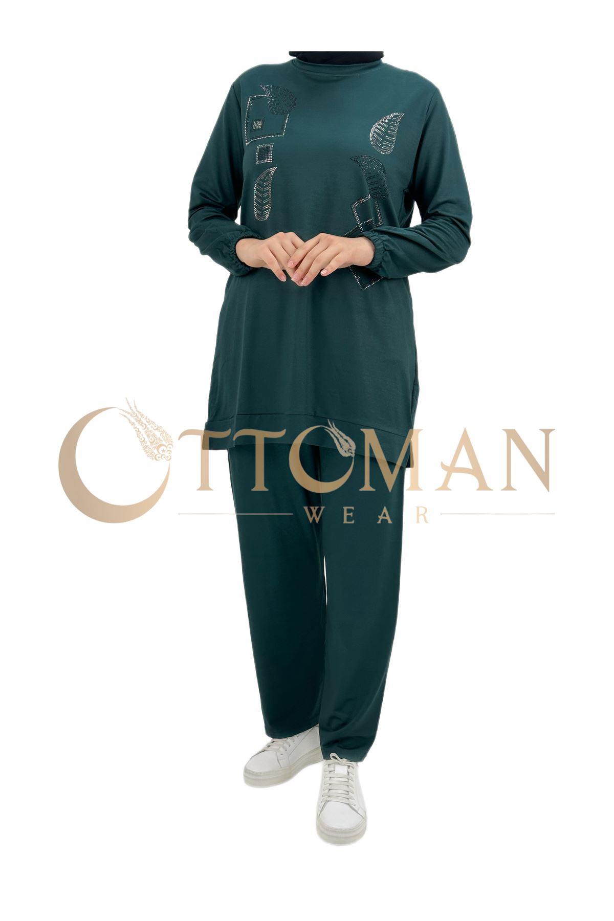 OTW005 Geometrik Desenli Pantolonlu Takım Zümrüt
