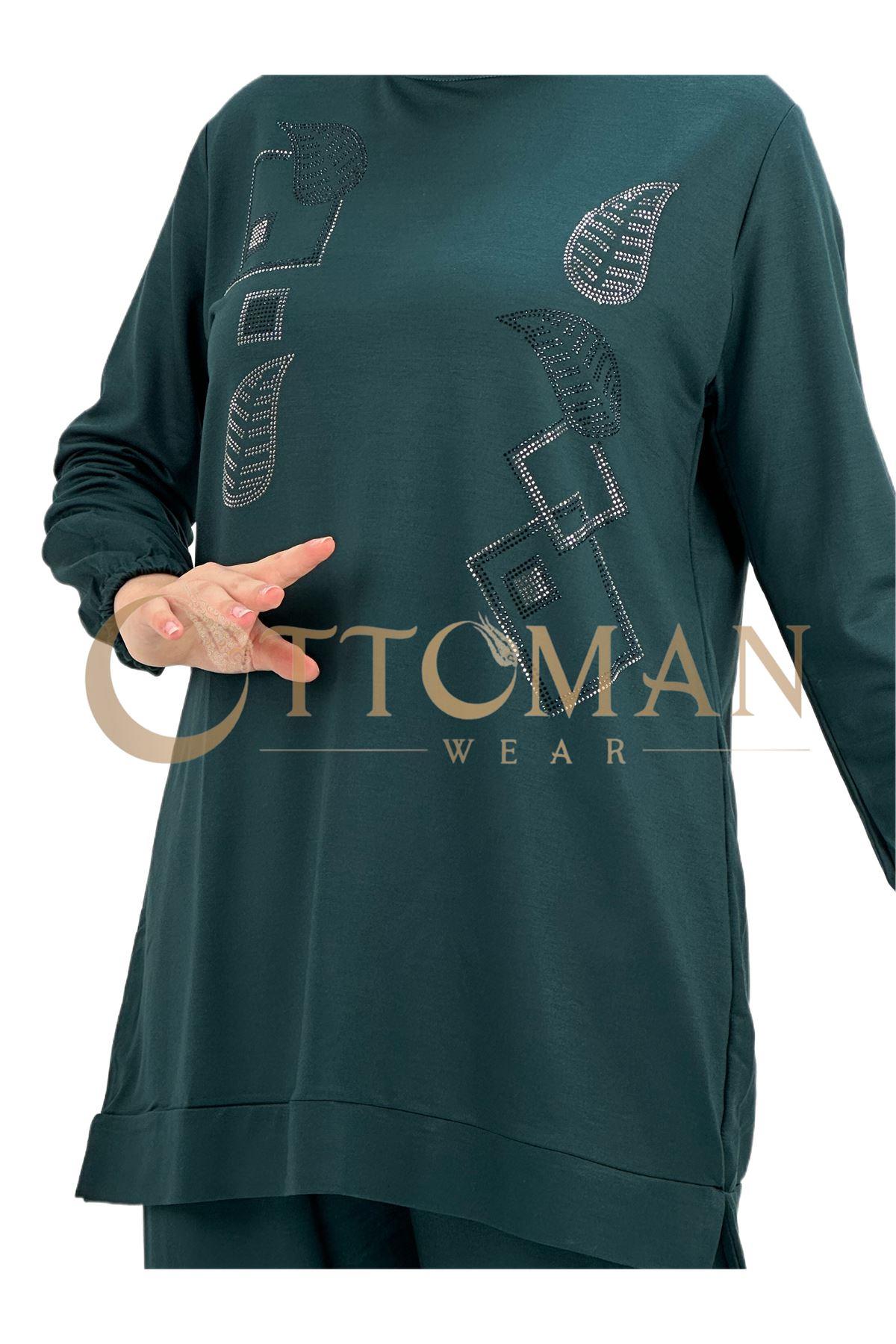 OTW005 Geometrik Desenli Pantolonlu Takım Zümrüt
