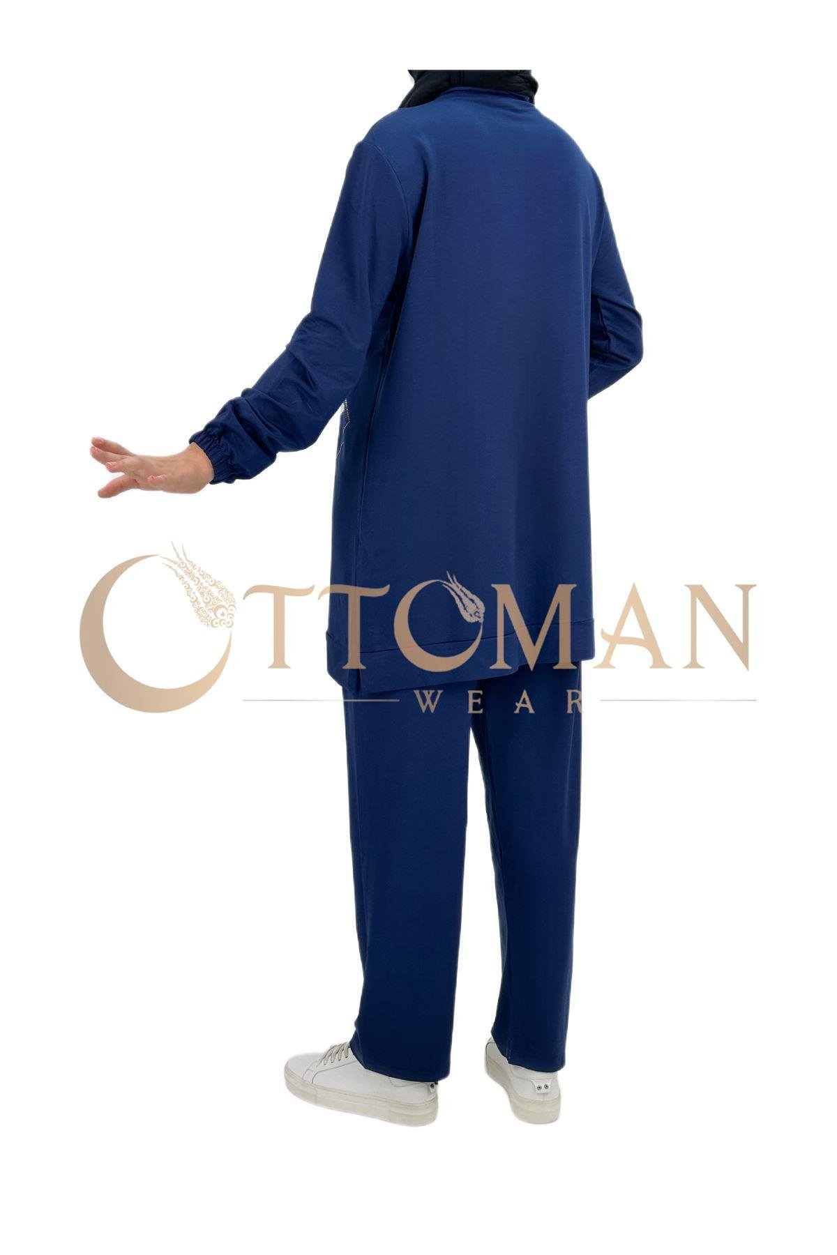 OTW005 Geometrik Desenli Pantolonlu Takım Saks