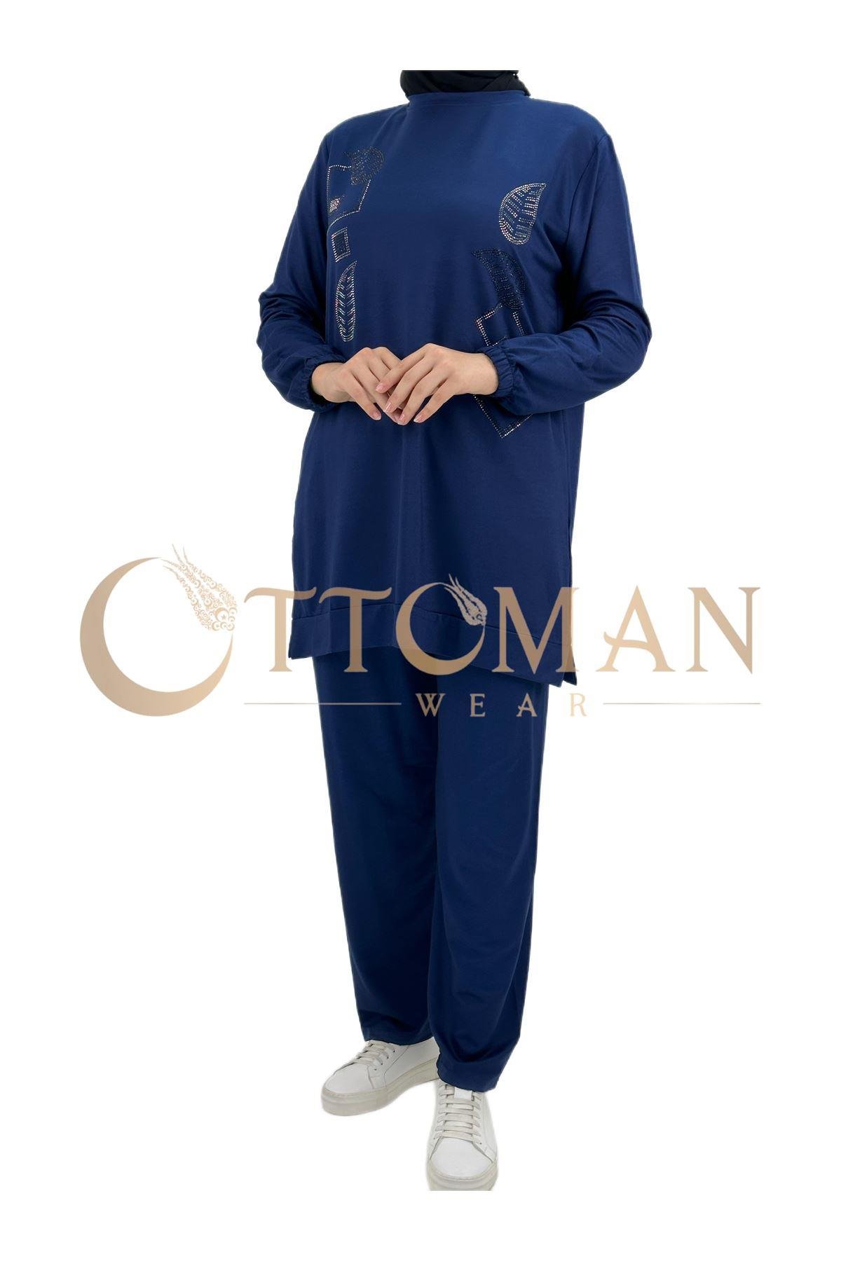 OTW005 Geometrik Desenli Pantolonlu Takım Saks