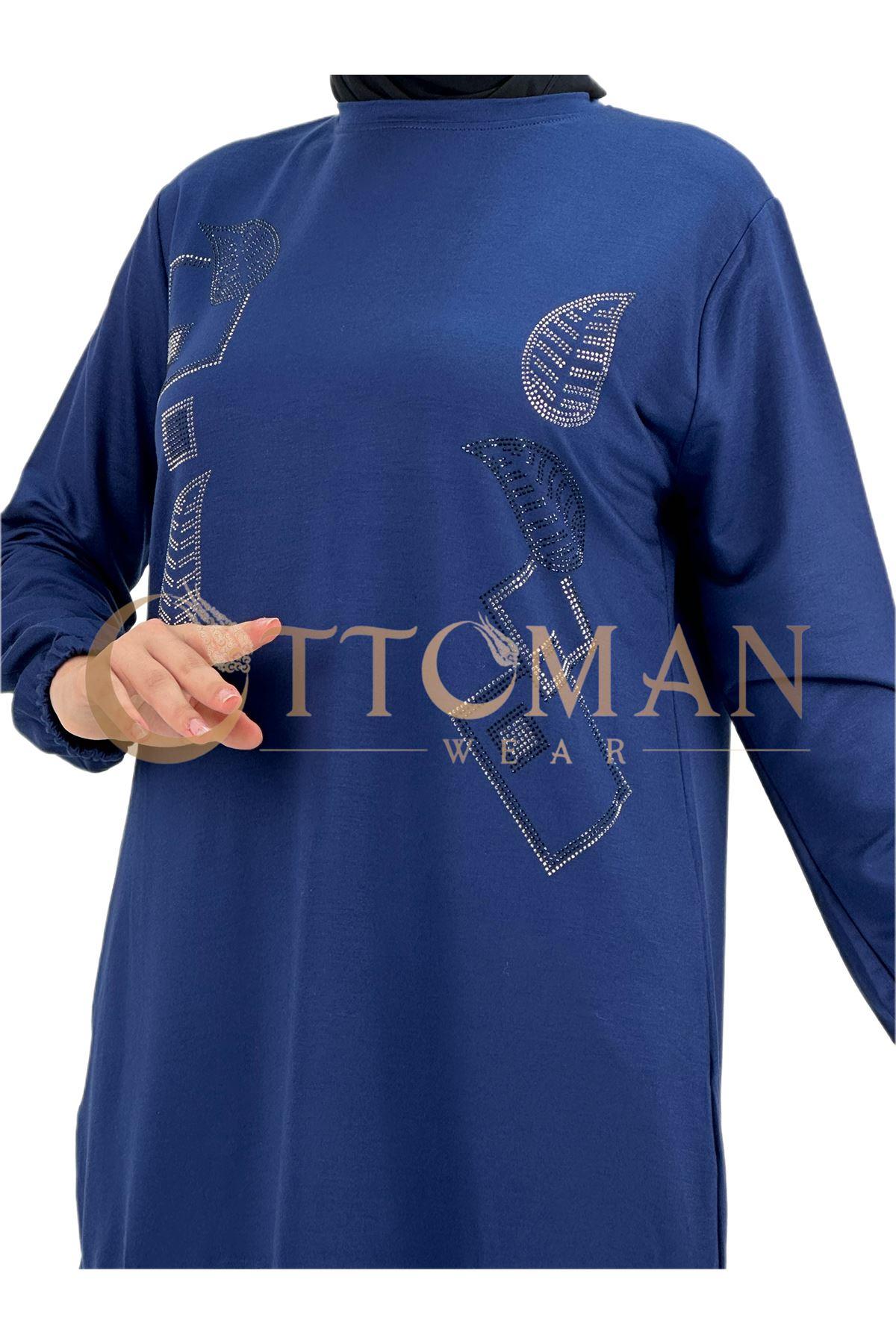 OTW005 Geometrik Desenli Pantolonlu Takım Saks