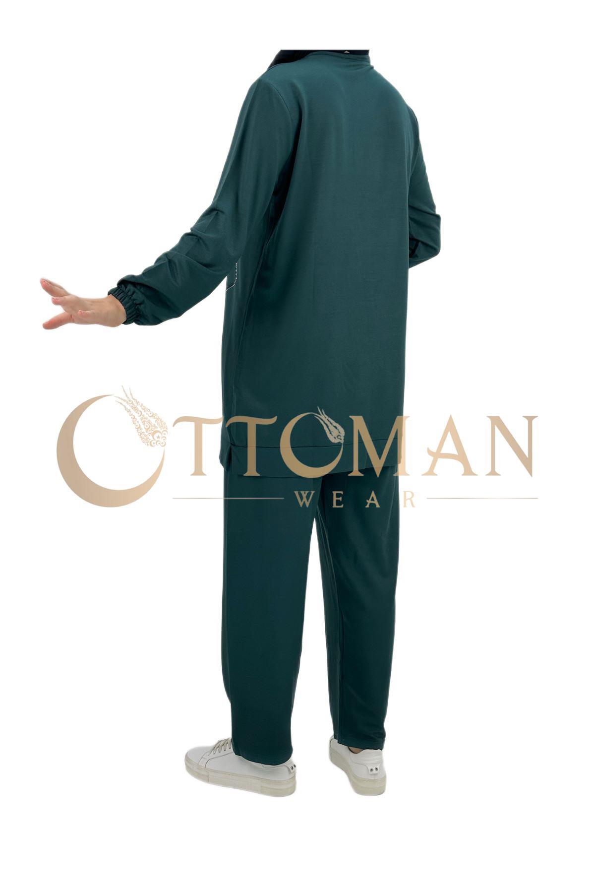 OTW005 Geometrik Desenli Pantolonlu Takım Zümrüt