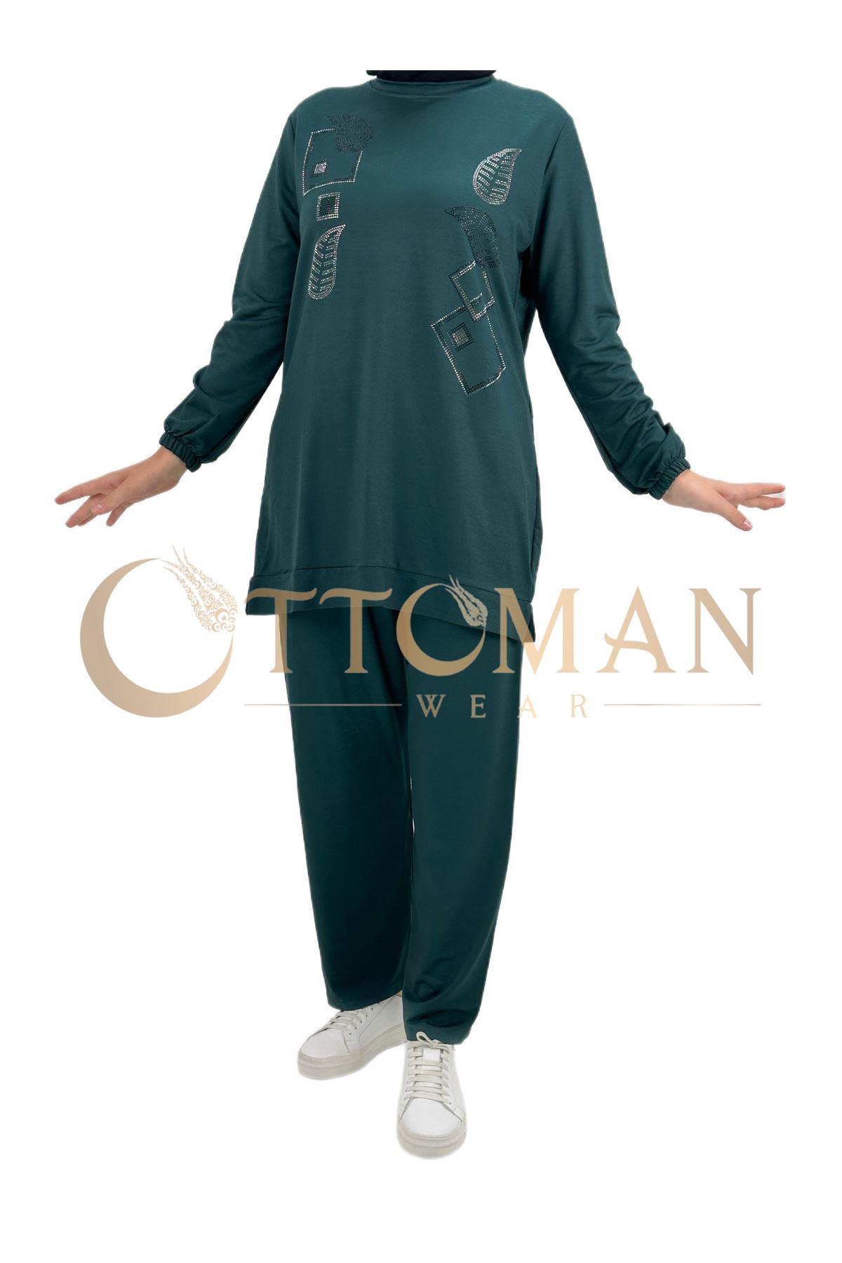 OTW005 Geometrik Desenli Pantolonlu Takım Zümrüt