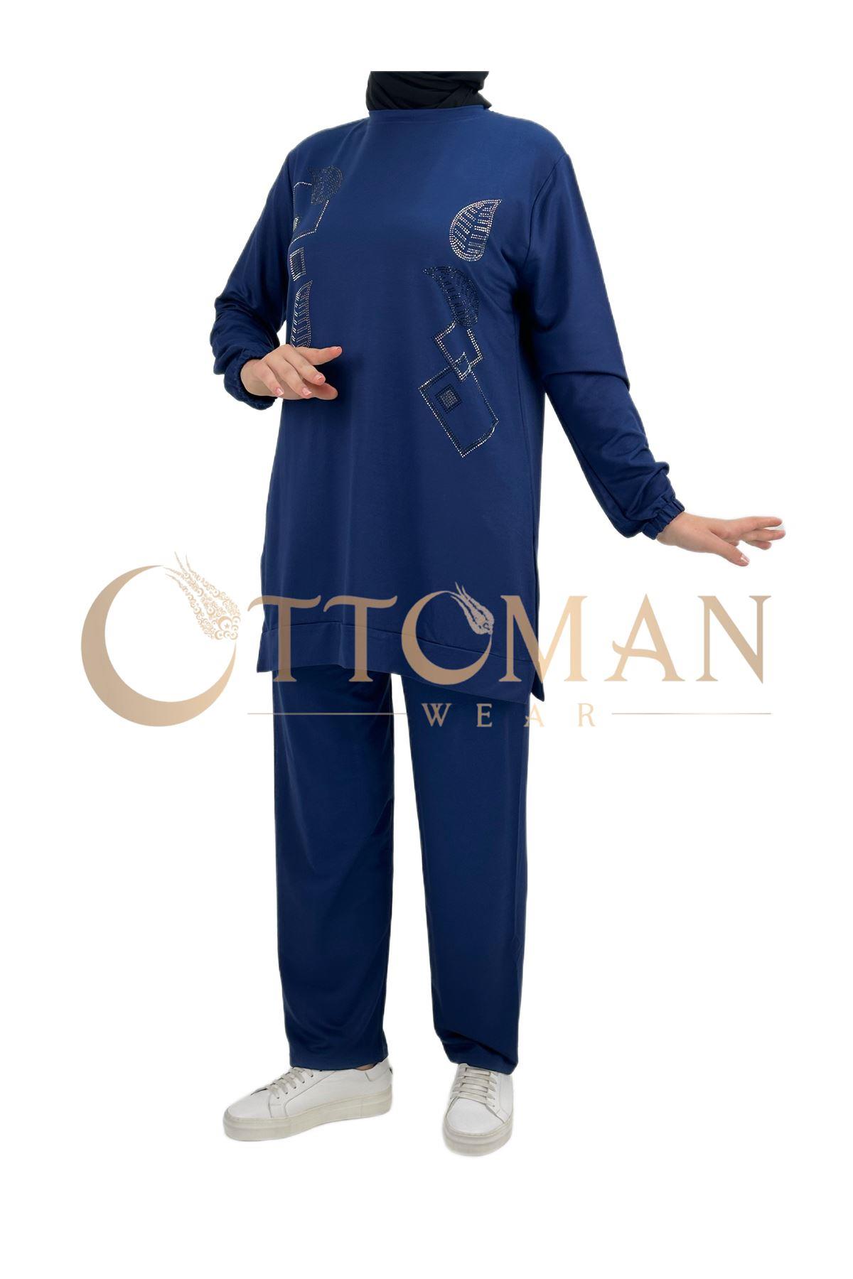 OTW005 Geometrik Desenli Pantolonlu Takım Saks