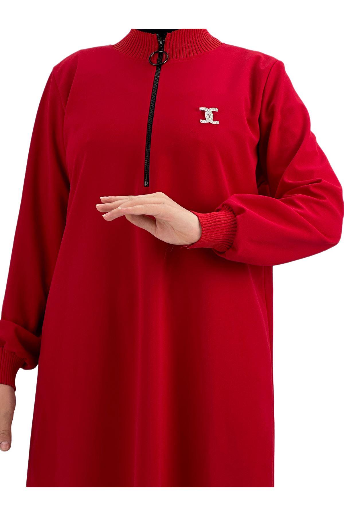 OTW191 Fermuarlı Chanel Broşlu Tunik Kırmızı
