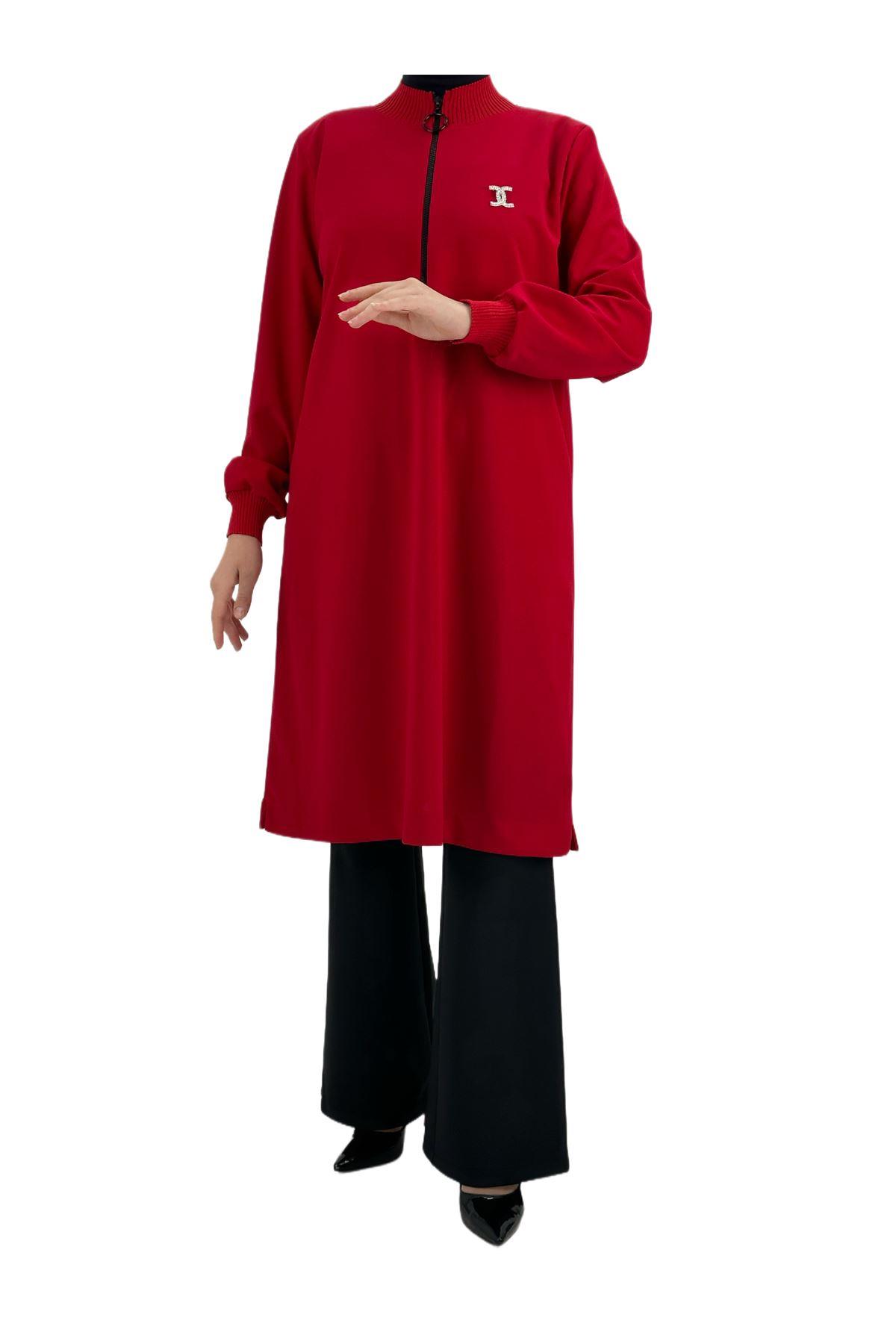 OTW191 Fermuarlı Chanel Broşlu Tunik Kırmızı