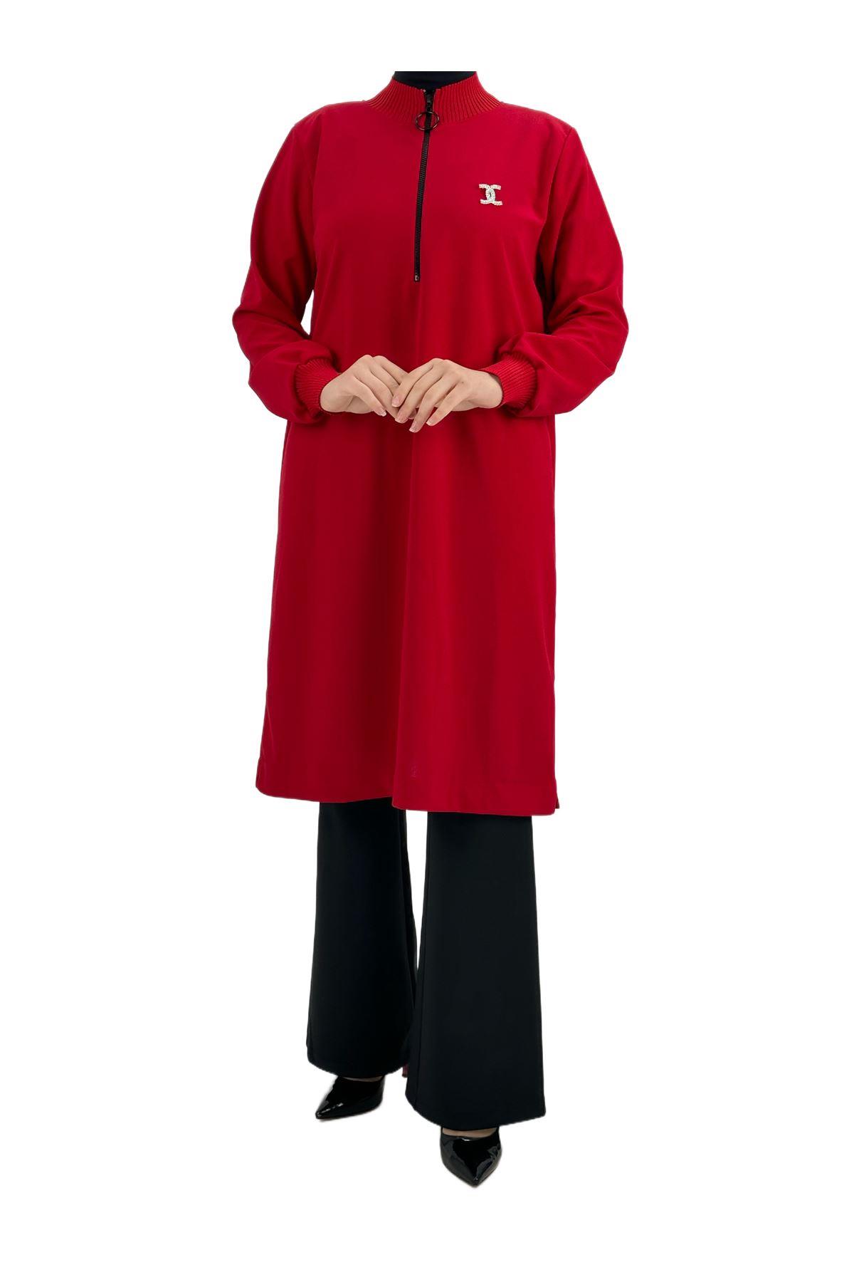 OTW191 Fermuarlı Chanel Broşlu Tunik Kırmızı