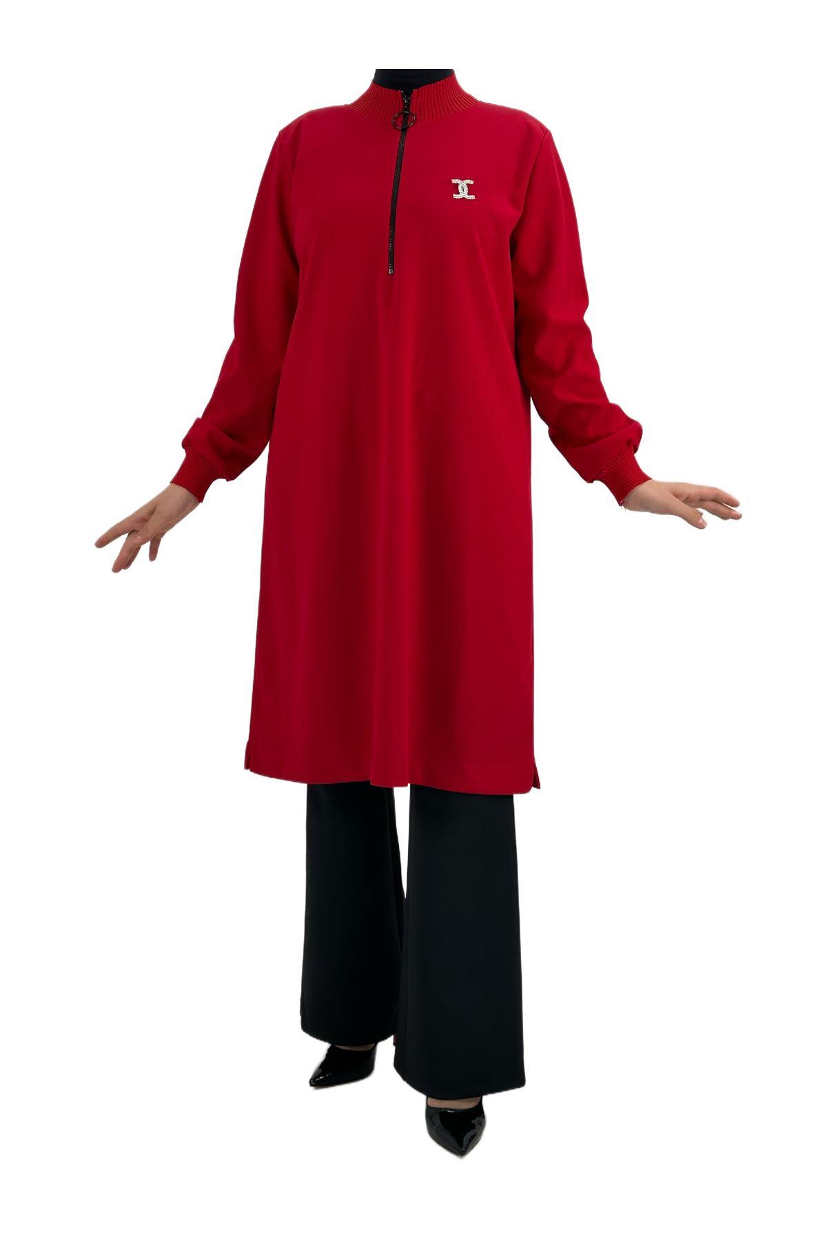 OTW191 Fermuarlı Chanel Broşlu Tunik Kırmızı
