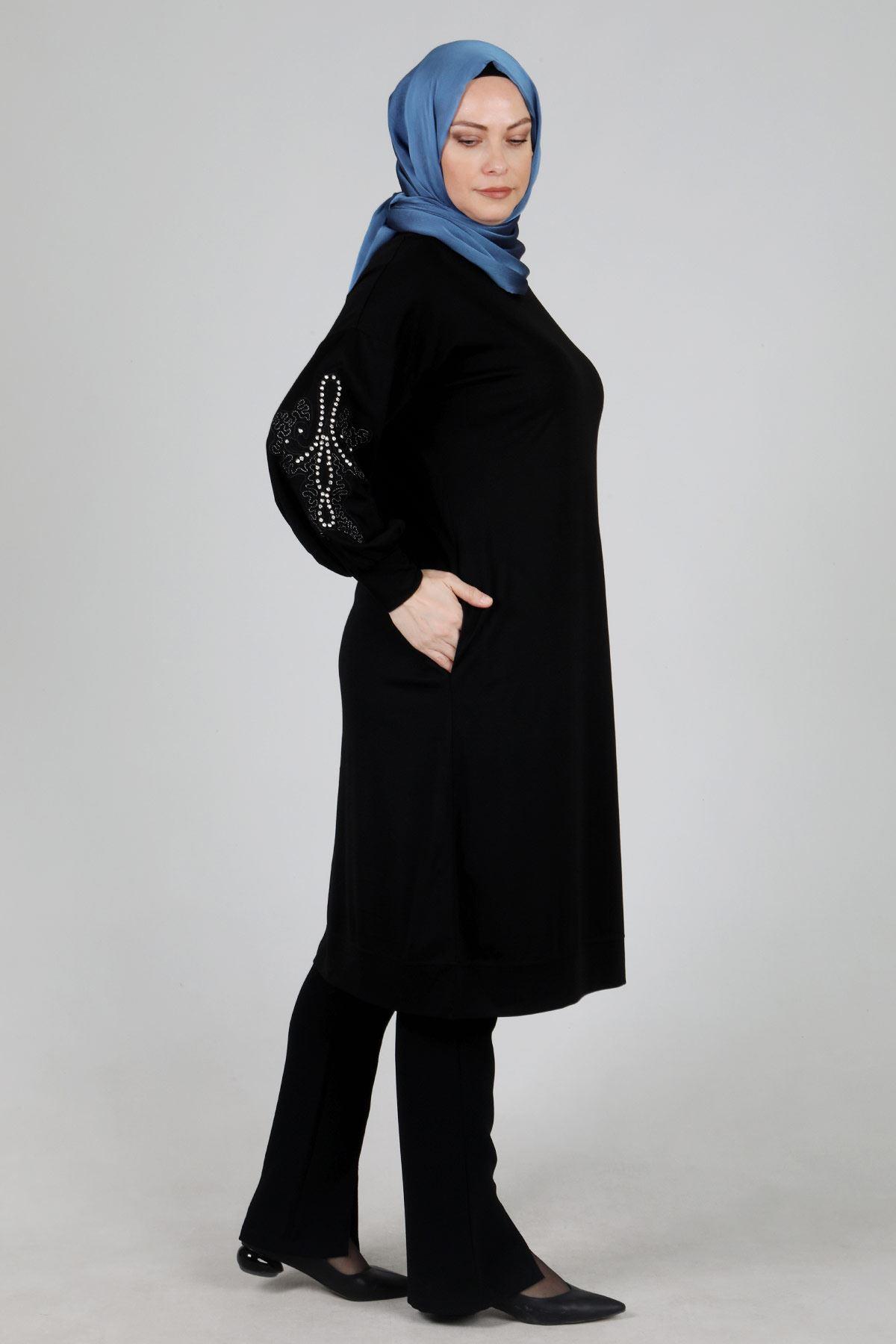 OTW20099 Büyük Beden Taş İşlemeli Tunik Siyah