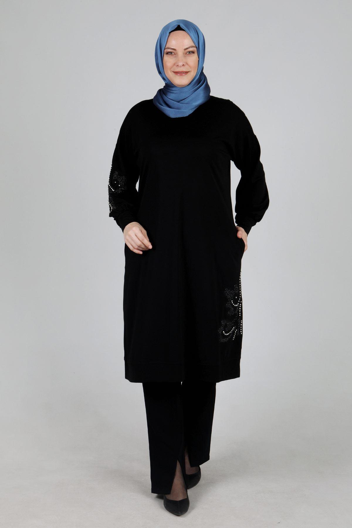 OTW20099 Büyük Beden Taş İşlemeli Tunik Siyah