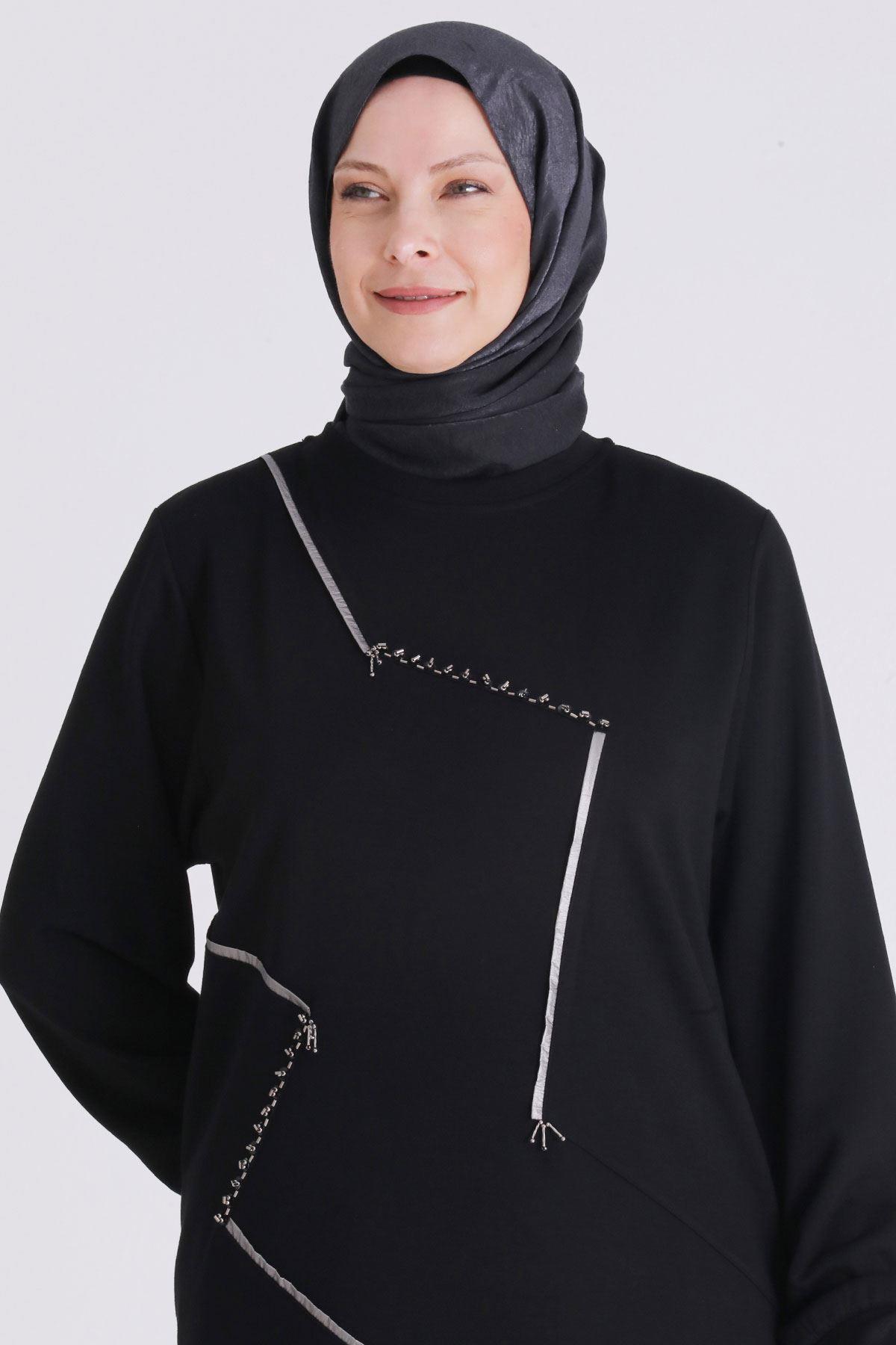 (OTW2064 Asimetrik Çizgi Detaylı Rahat Kesim Büyük Beden Tunik Siyah OTWV2064