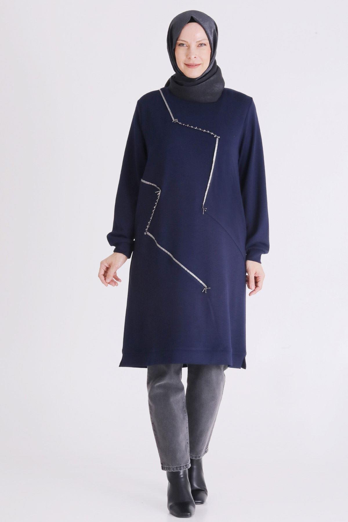 (OTW2064 Asimetrik Çizgi Detaylı Rahat Kesim Büyük Beden Tunik Lacivert OTWV2064